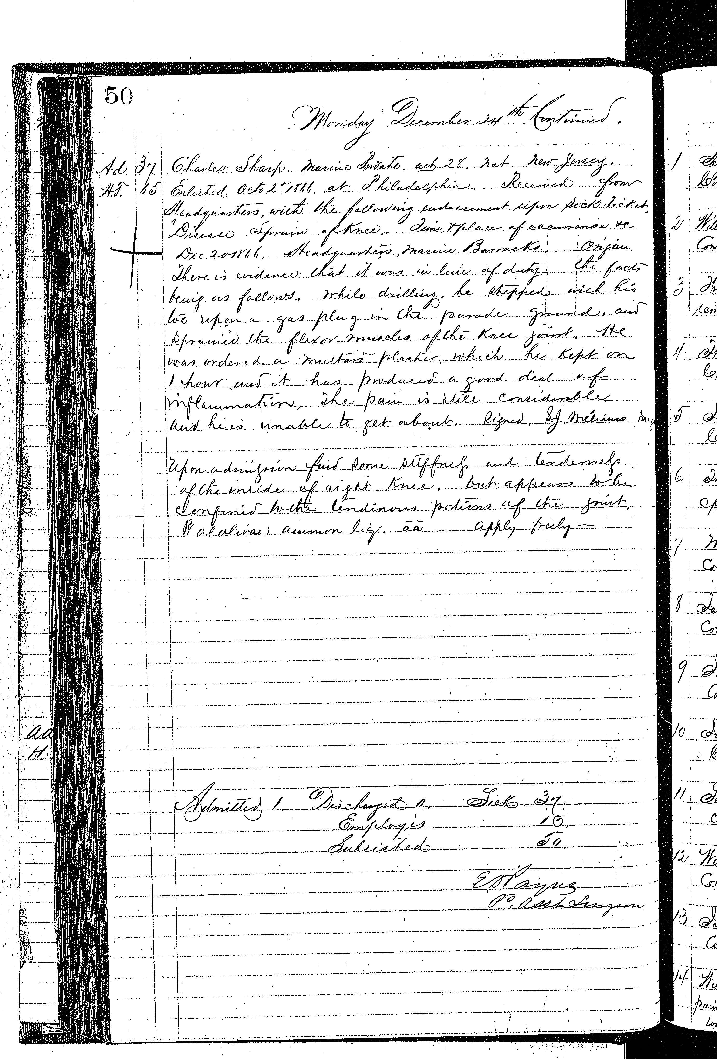 Patients in the Naval Hospital, Washington DC, on December 24, 1866, page 4 of 4, in the Medical Journal, October 1, 1866 to March 20, 1867