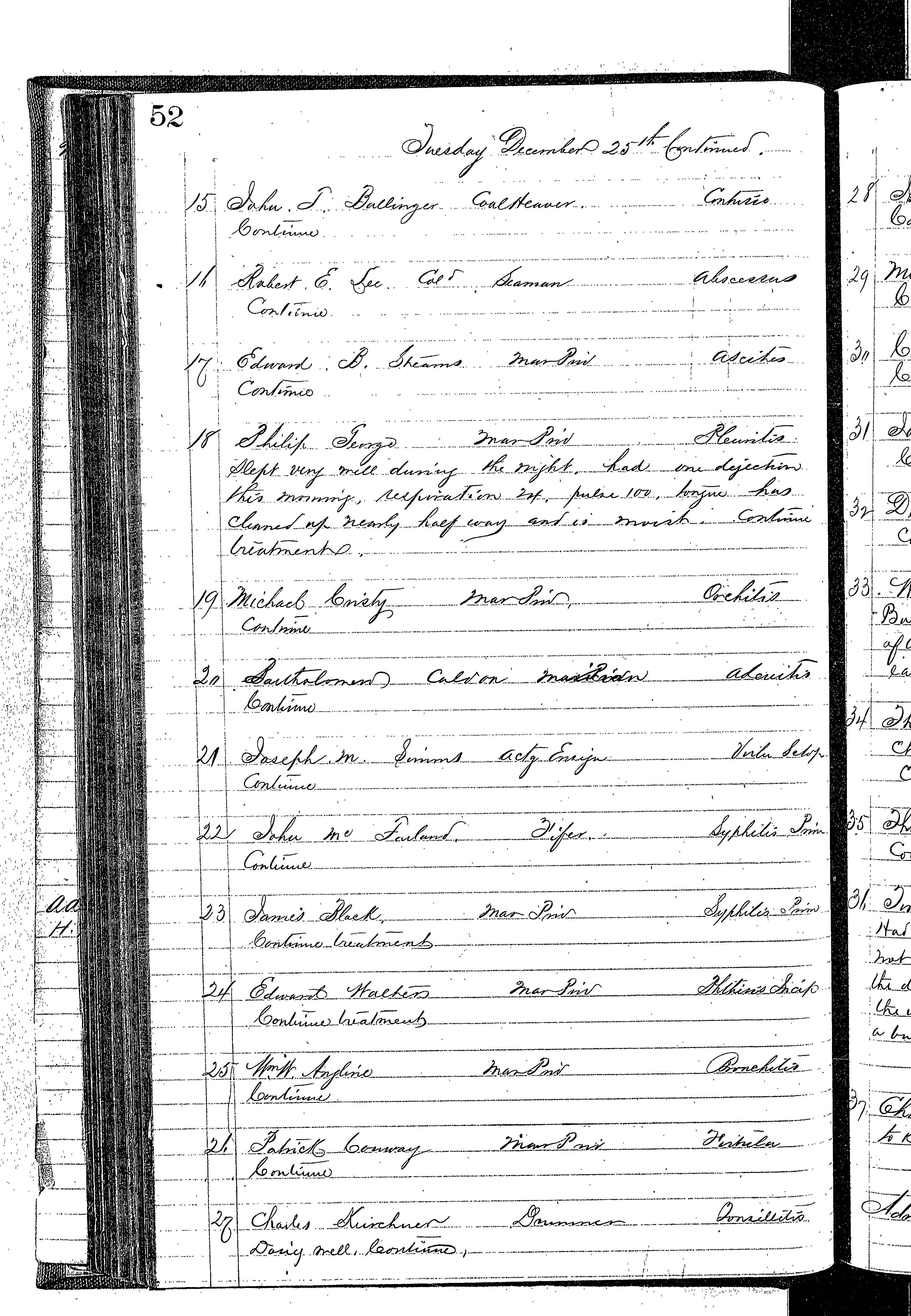 Patients in the Naval Hospital, Washington DC, on December 25, 1866, page 2 of 3, in the Medical Journal, October 1, 1866 to March 20, 1867