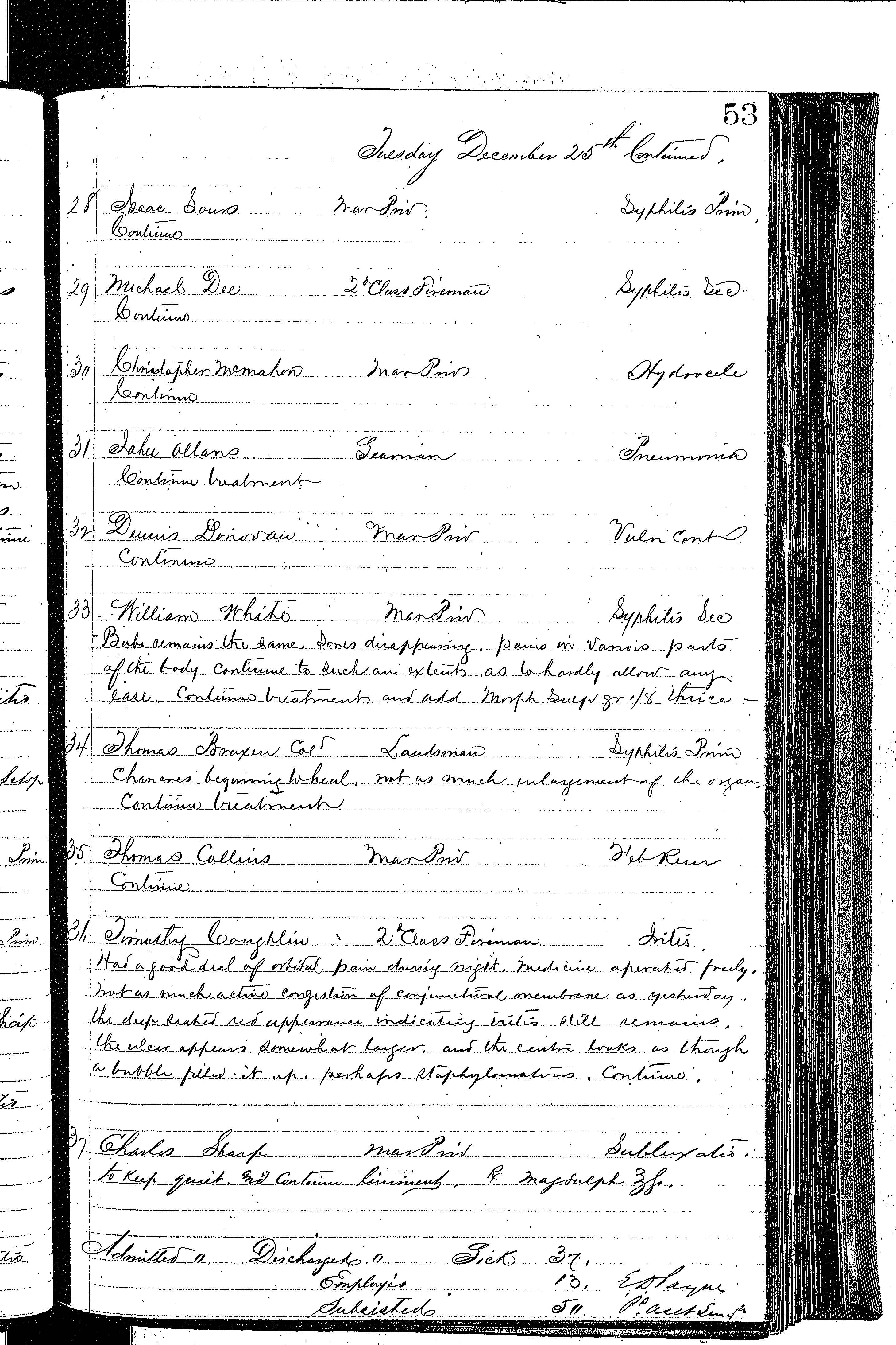 Patients in the Naval Hospital, Washington DC, on December 25, 1866, page 3 of 3, in the Medical Journal, October 1, 1866 to March 20, 1867