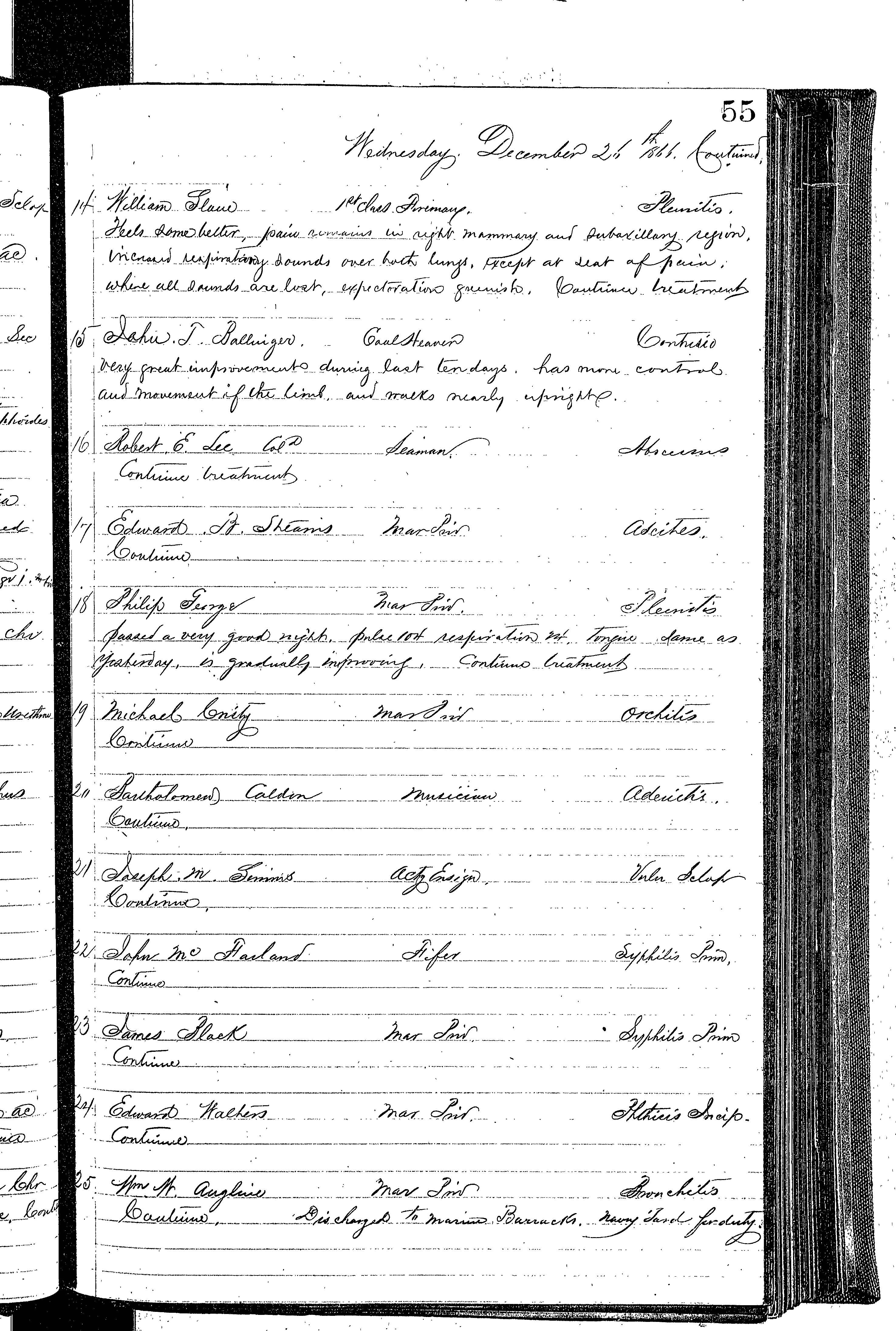 Patients in the Naval Hospital, Washington DC, on December 26, 1866, page 2 of 4, in the Medical Journal, October 1, 1866 to March 20, 1867