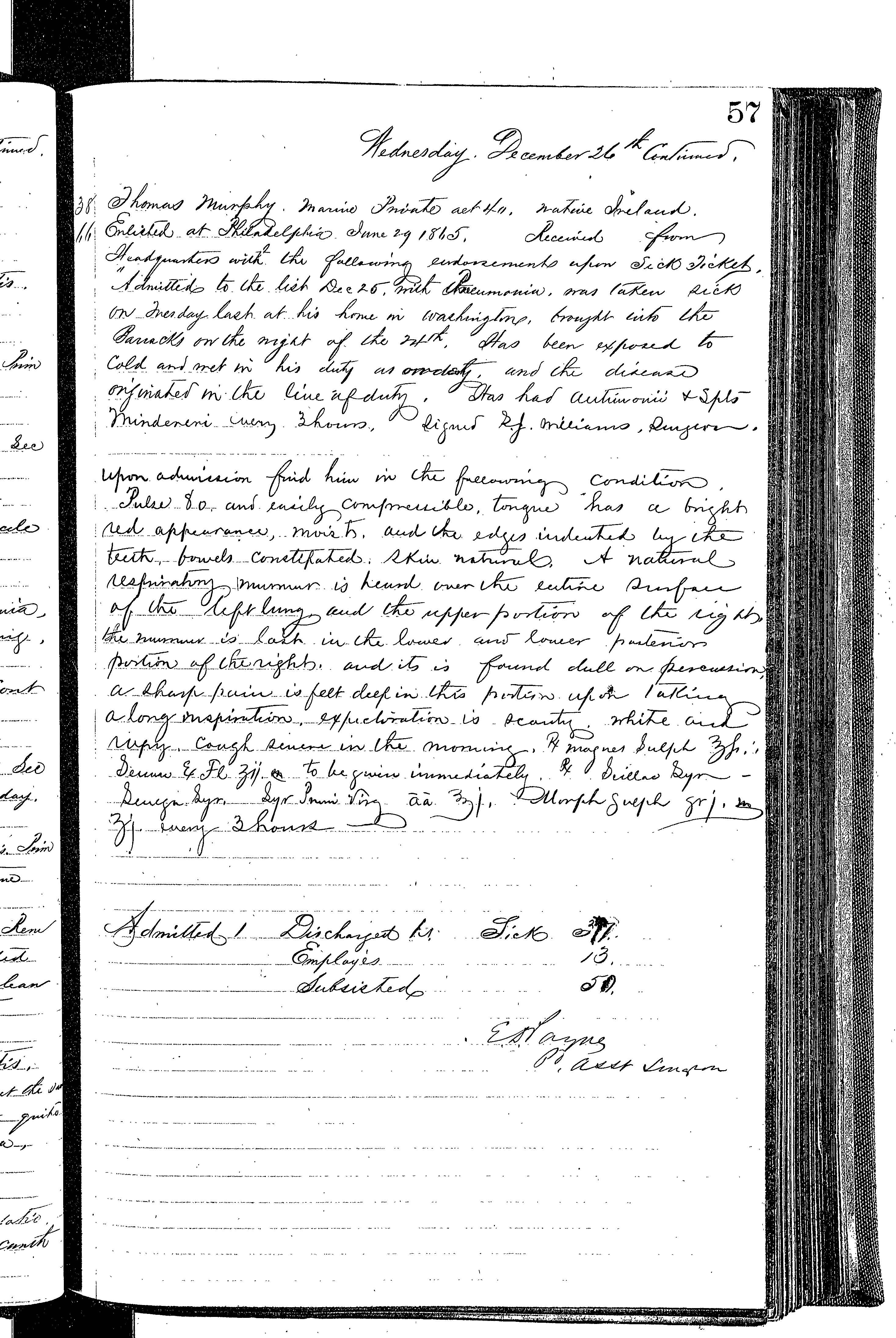 Patients in the Naval Hospital, Washington DC, on December 26, 1866, page 4 of 4, in the Medical Journal, October 1, 1866 to March 20, 1867