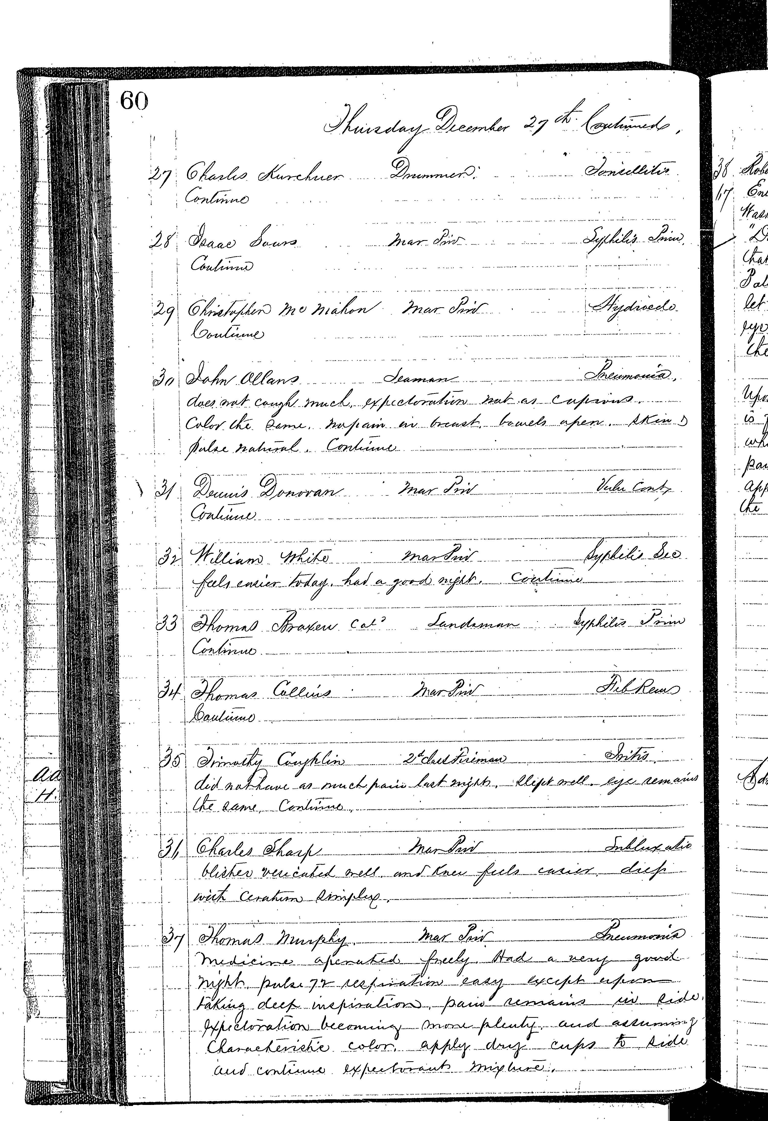 Patients in the Naval Hospital, Washington DC, on December 27, 1866, page 3 of 4, in the Medical Journal, October 1, 1866 to March 20, 1867