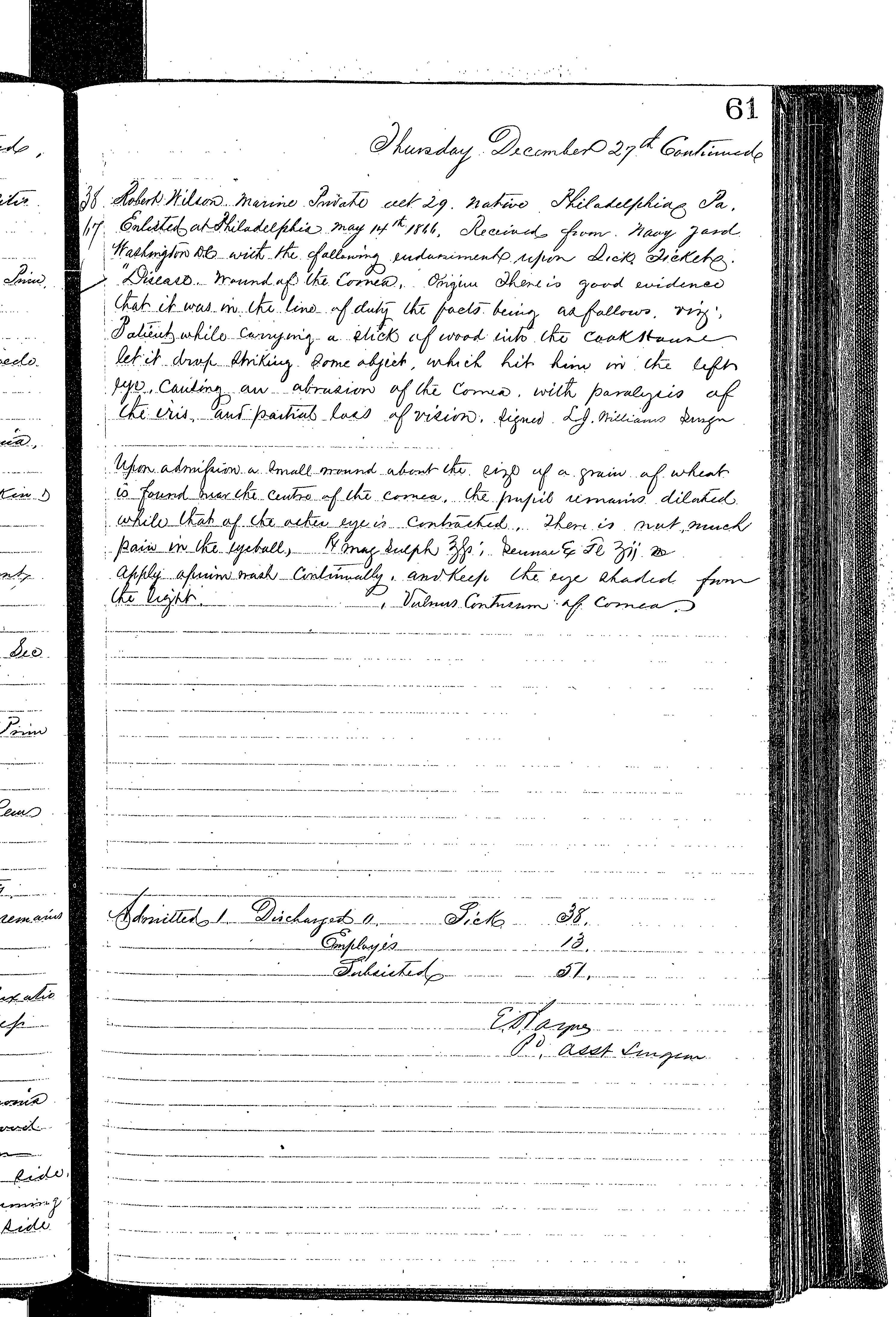 Patients in the Naval Hospital, Washington DC, on December 27, 1866, page 4 of 4, in the Medical Journal, October 1, 1866 to March 20, 1867