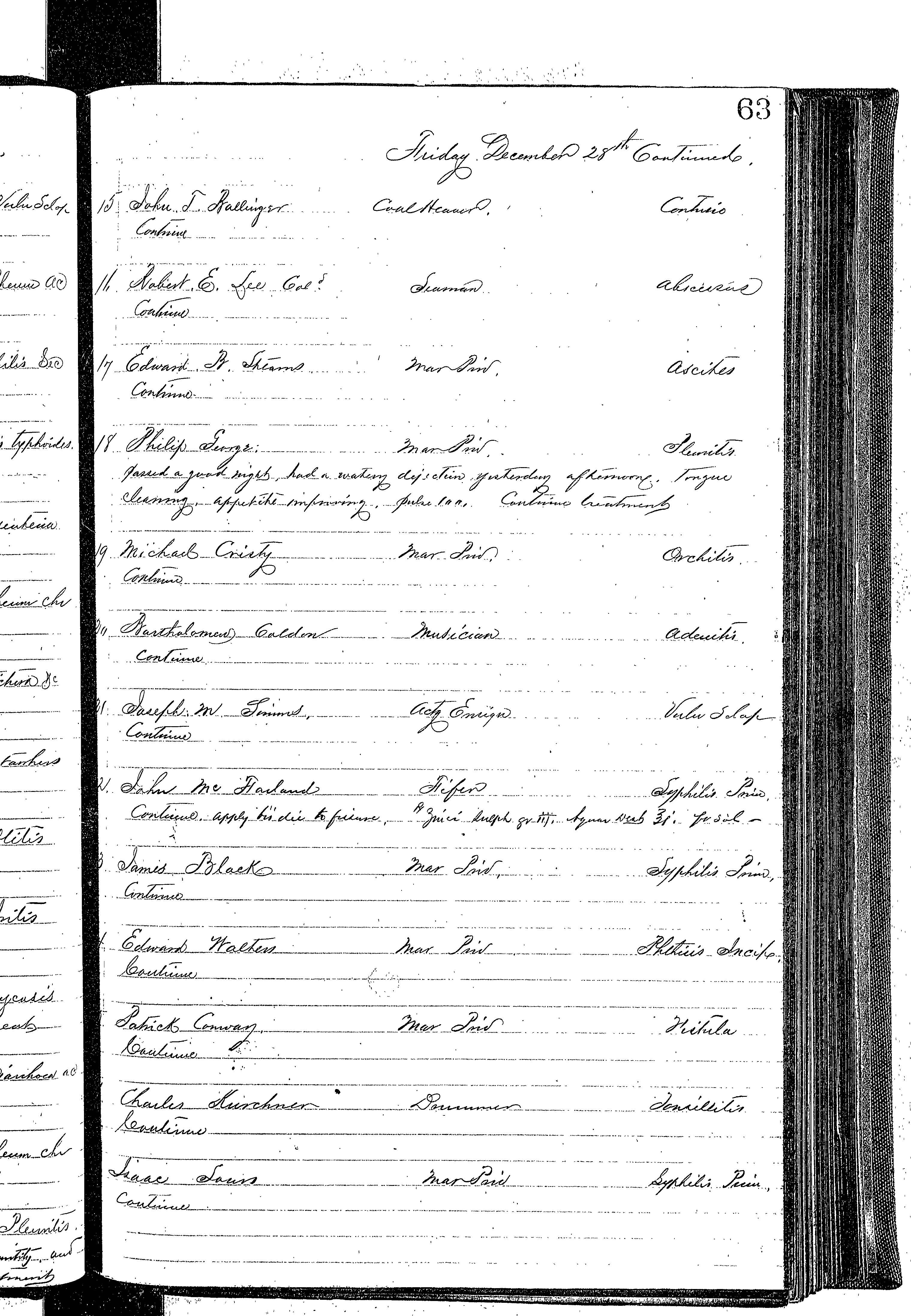 Patients in the Naval Hospital, Washington DC, on December 28, 1866, page 2 of 4, in the Medical Journal, October 1, 1866 to March 20, 1867