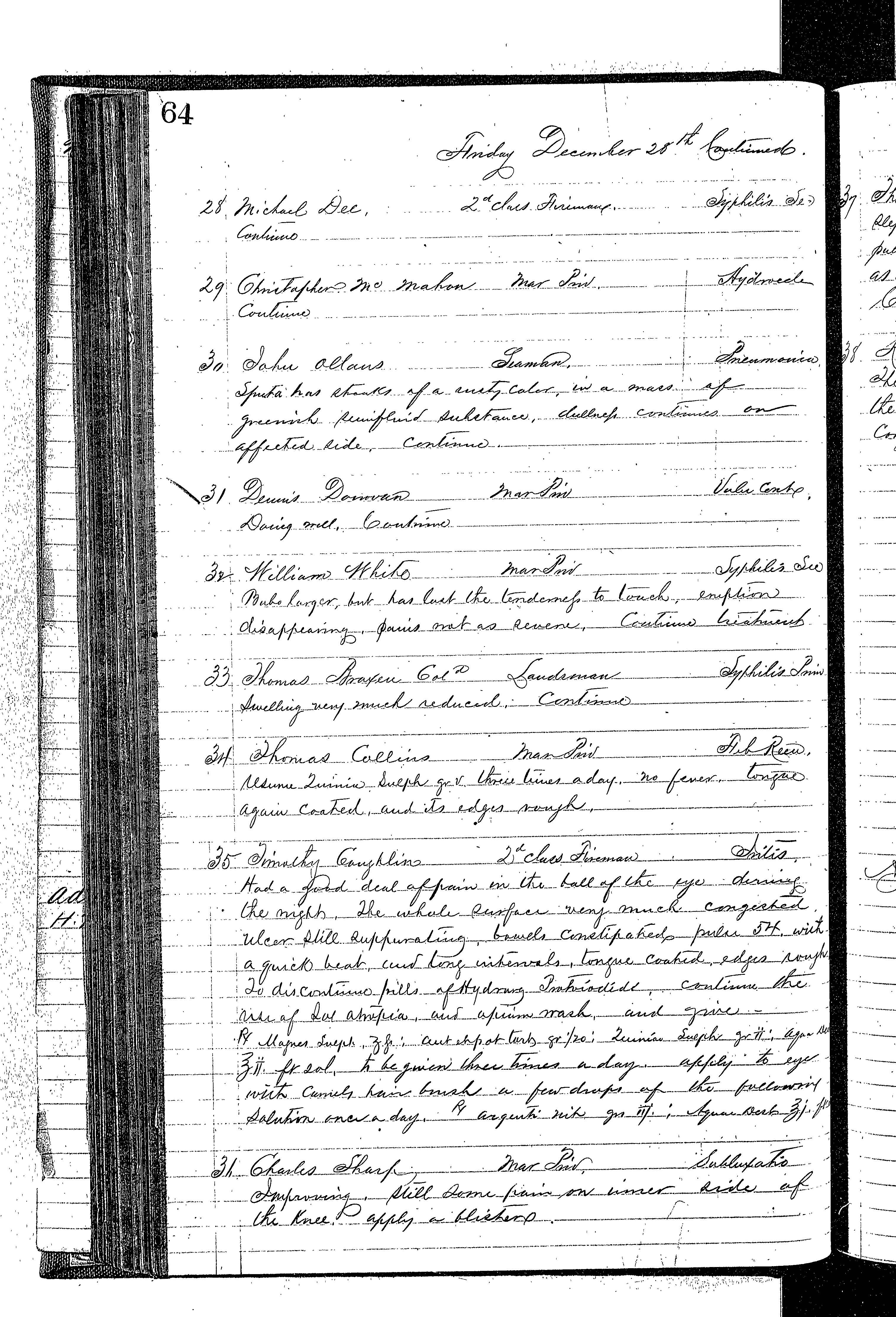Patients in the Naval Hospital, Washington DC, on December 28, 1866, page 3 of 4, in the Medical Journal, October 1, 1866 to March 20, 1867