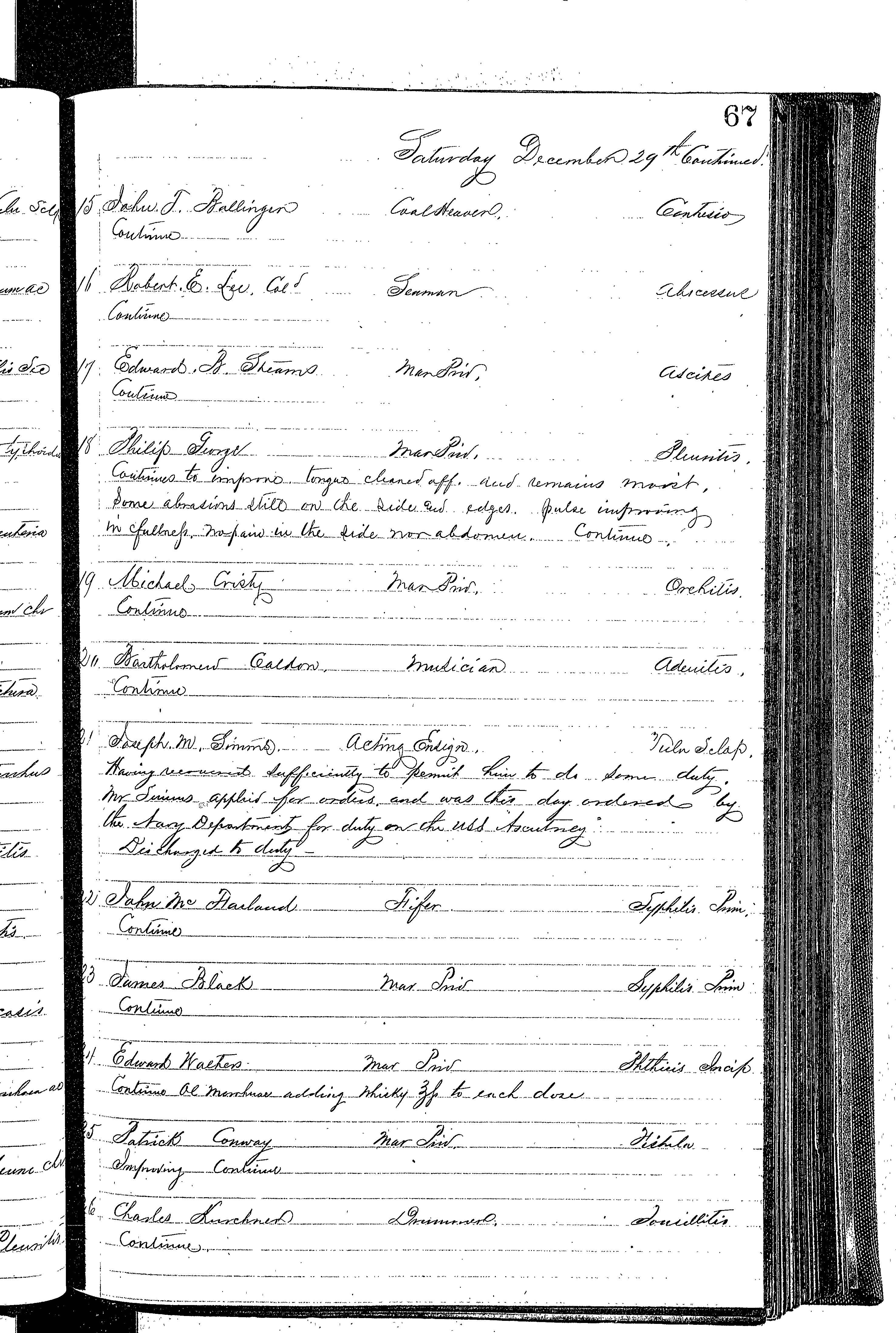 Patients in the Naval Hospital, Washington DC, on December 29, 1866, page 2 of 4, in the Medical Journal, October 1, 1866 to March 20, 1867