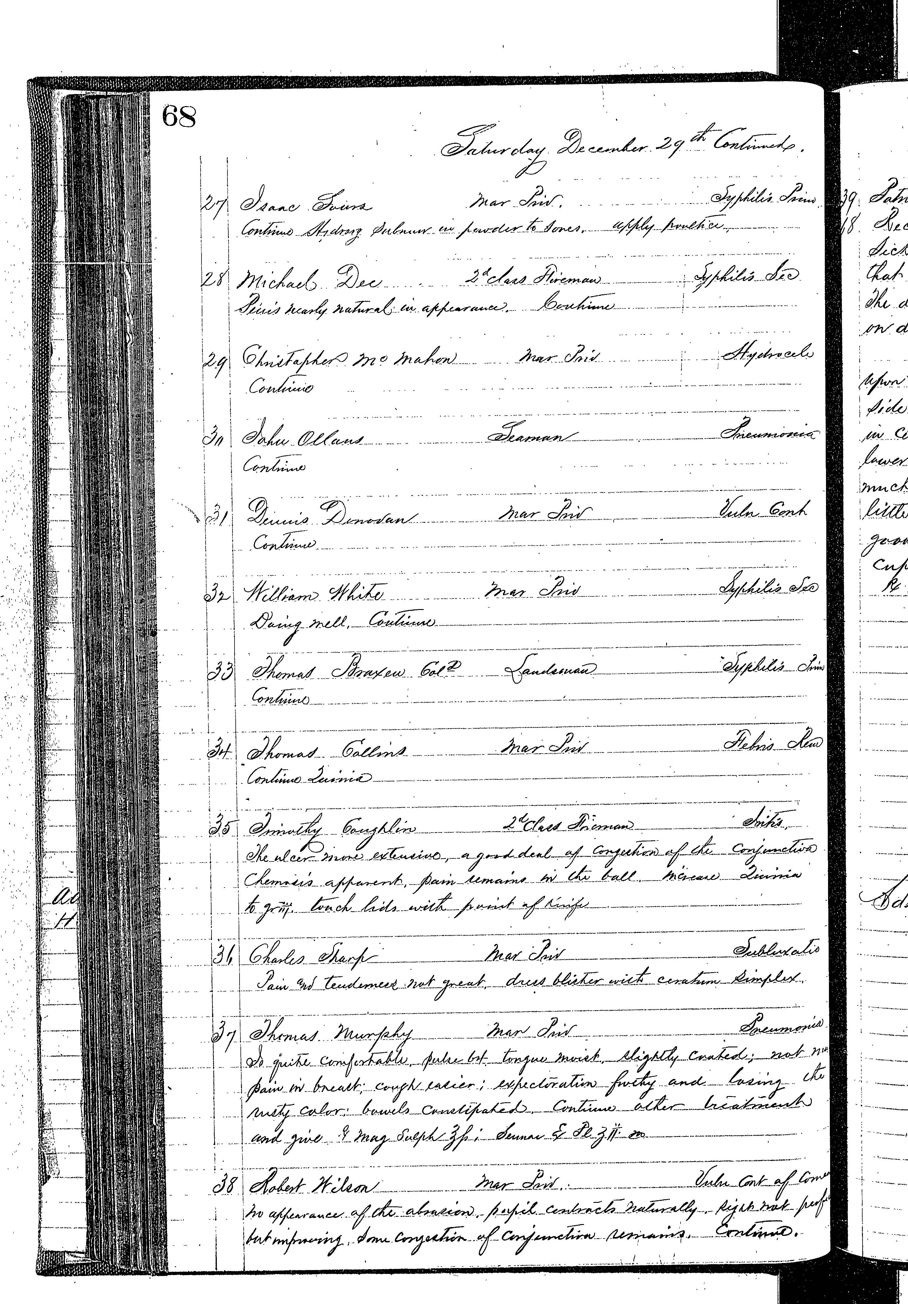 Patients in the Naval Hospital, Washington DC, on December 29, 1866, page 3 of 4, in the Medical Journal, October 1, 1866 to March 20, 1867