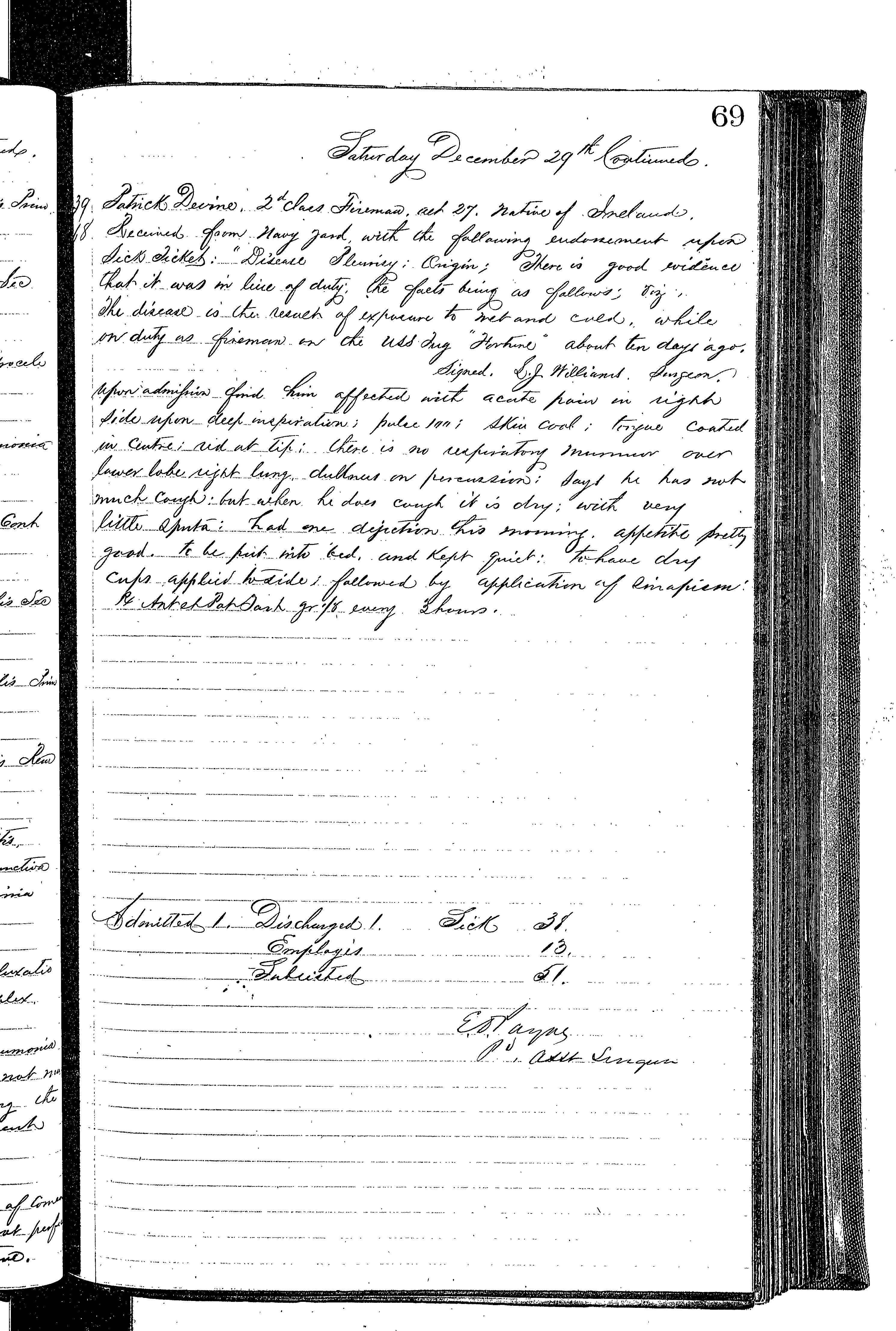 Patients in the Naval Hospital, Washington DC, on December 29, 1866, page 4 of 4, in the Medical Journal, October 1, 1866 to March 20, 1867