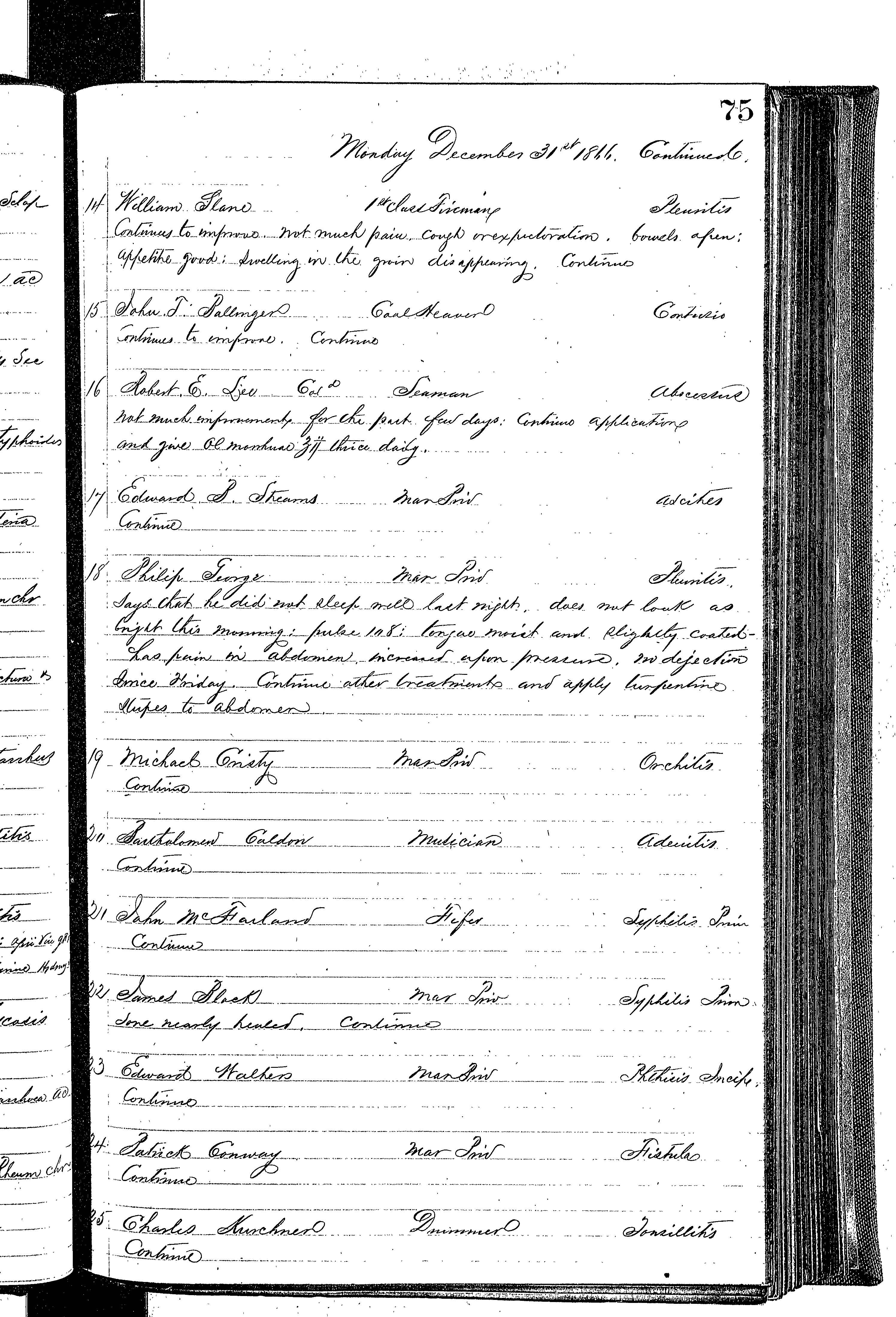 Patients in the Naval Hospital, Washington DC, on December 31, 1866, page 2 of 4, in the Medical Journal, October 1, 1866 to March 20, 1867