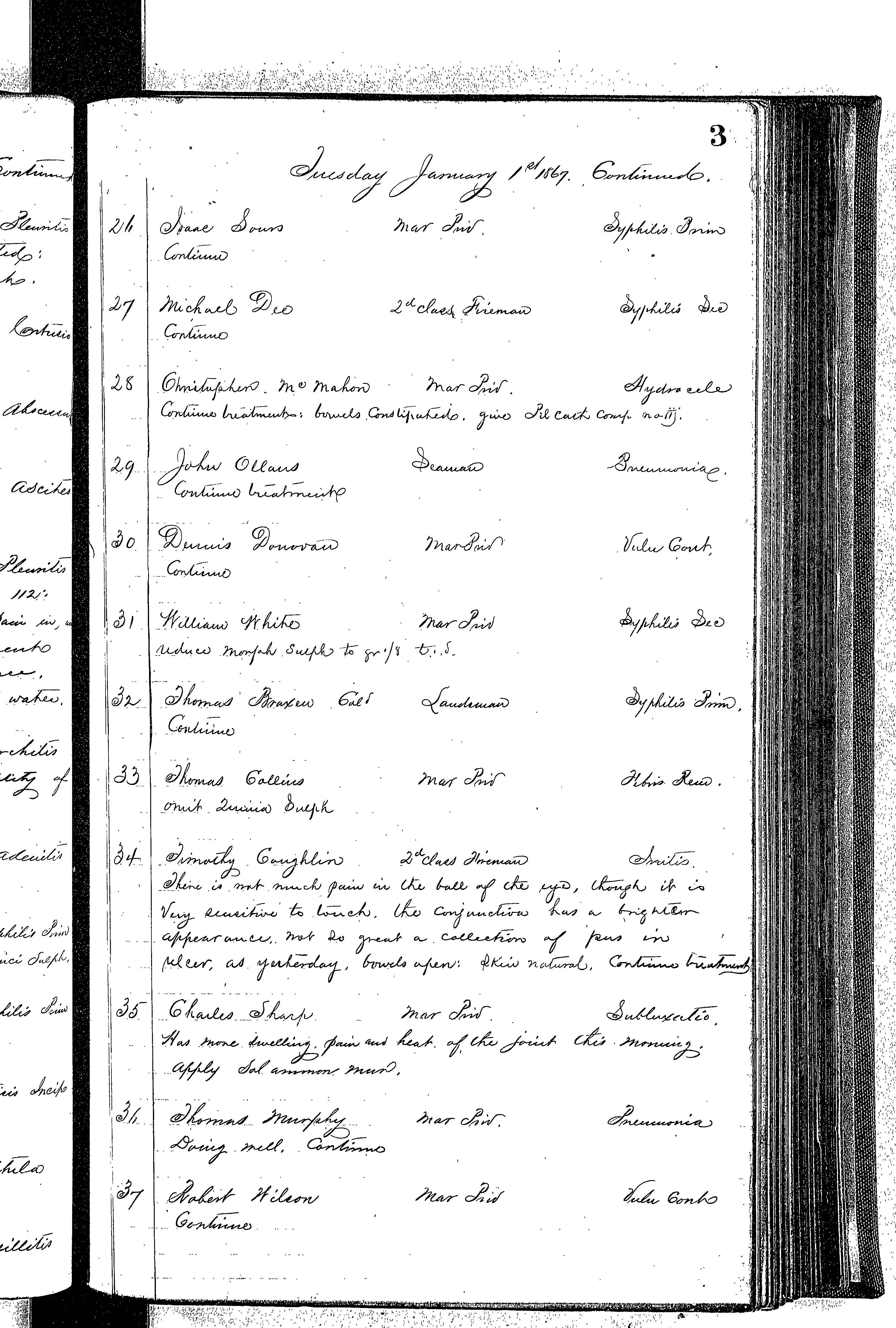 Patients in the Naval Hospital, Washington DC, on January 1, 1867, page 3 of 4, in the Medical Journal, October 1, 1866 to March 20, 1867