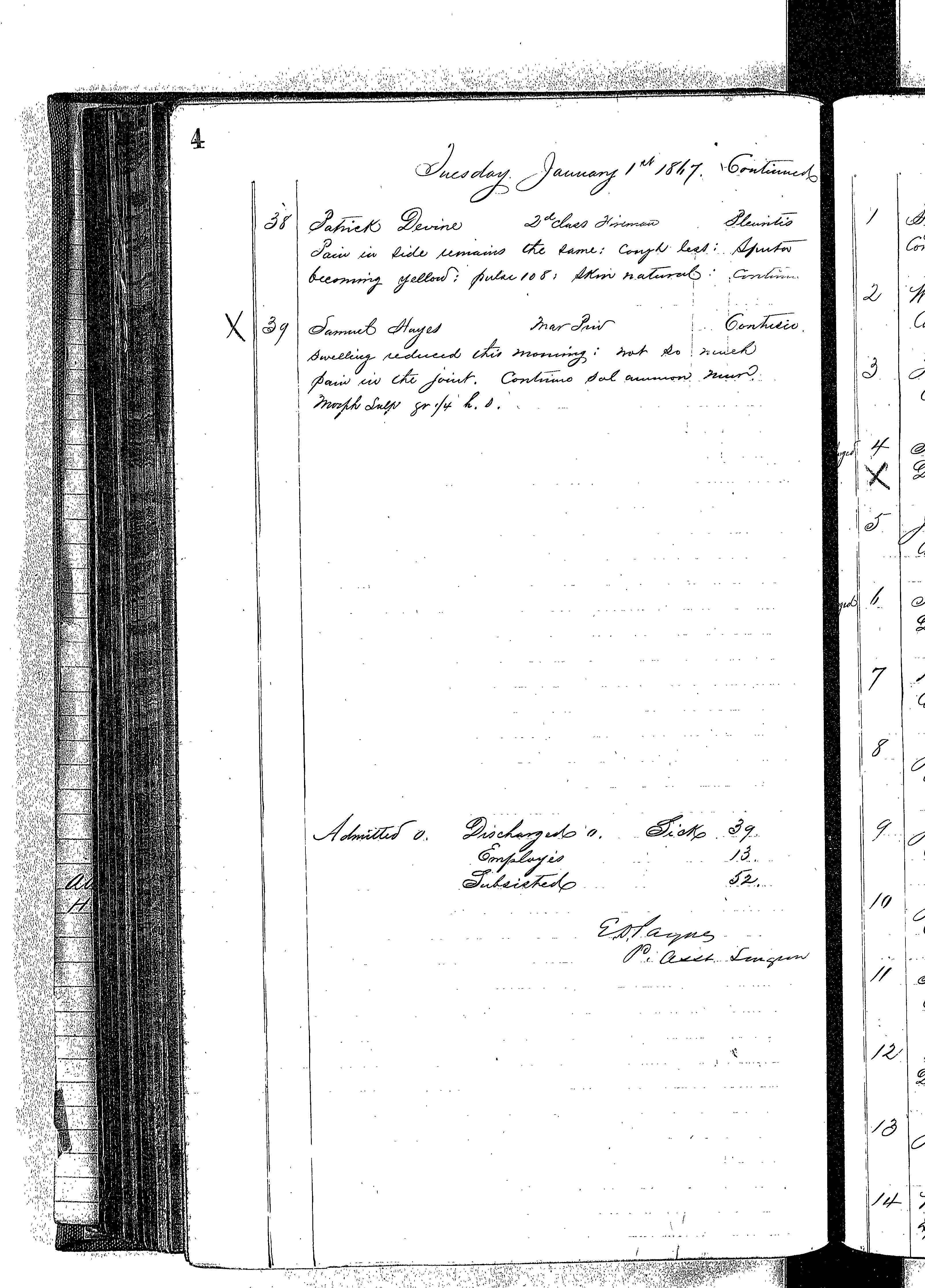 Patients in the Naval Hospital, Washington DC, on January 1, 1867, page 4 of 4, in the Medical Journal, October 1, 1866 to March 20, 1867