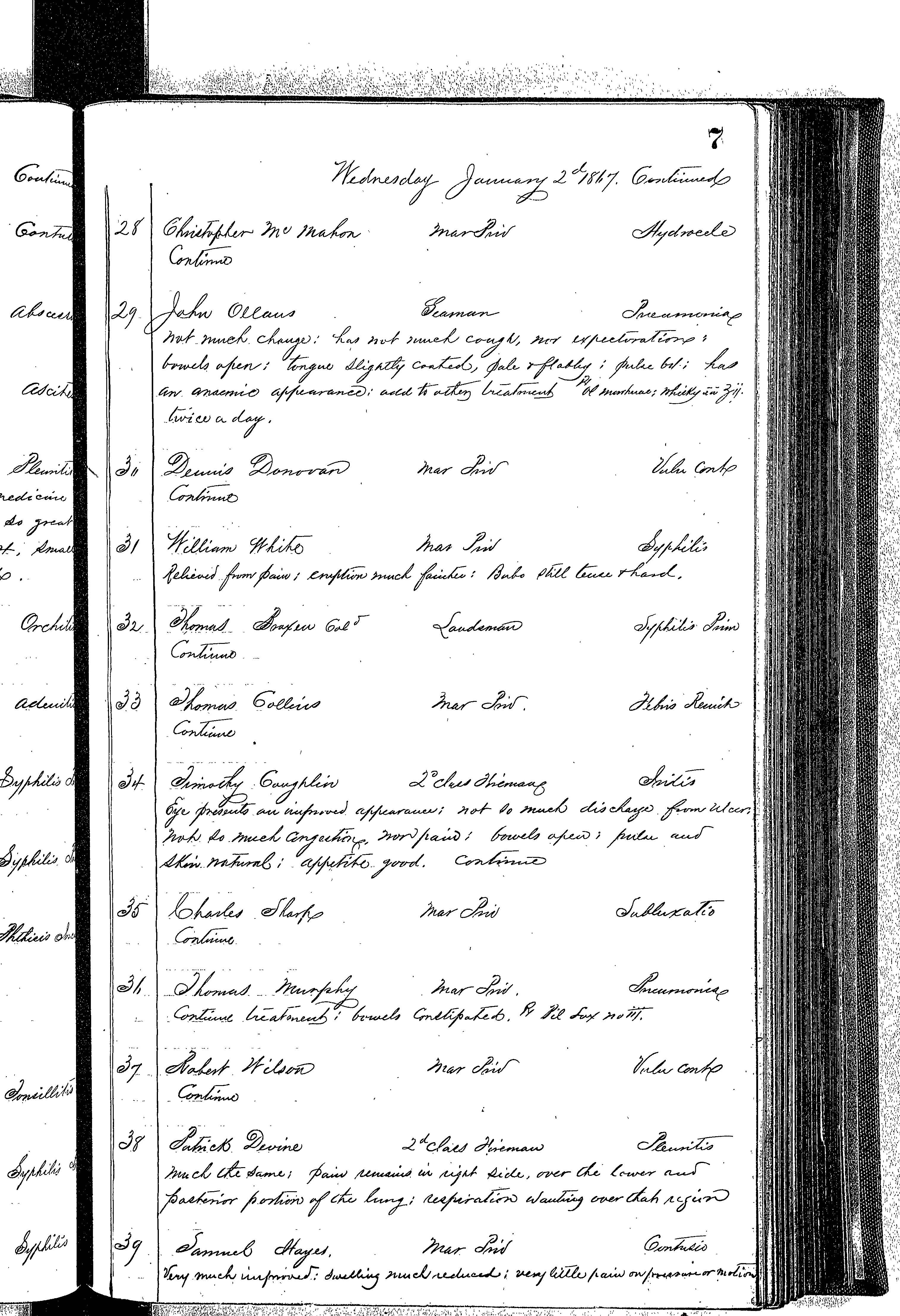 Patients in the Naval Hospital, Washington DC, on January 2, 1867, page 3 of 4, in the Medical Journal, October 1, 1866 to March 20, 1867