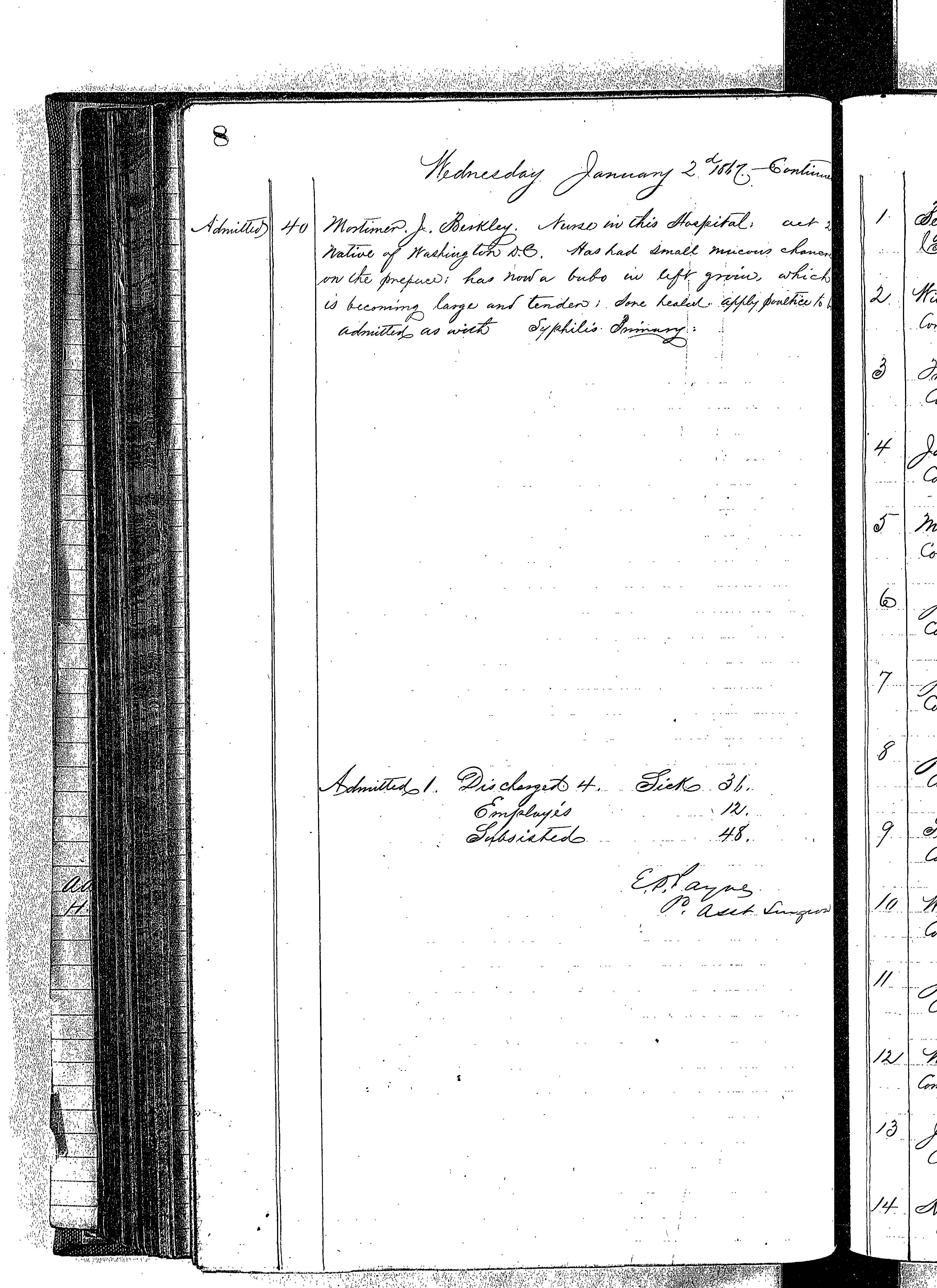 Patients in the Naval Hospital, Washington DC, on January 2, 1867, page 4 of 4, in the Medical Journal, October 1, 1866 to March 20, 1867