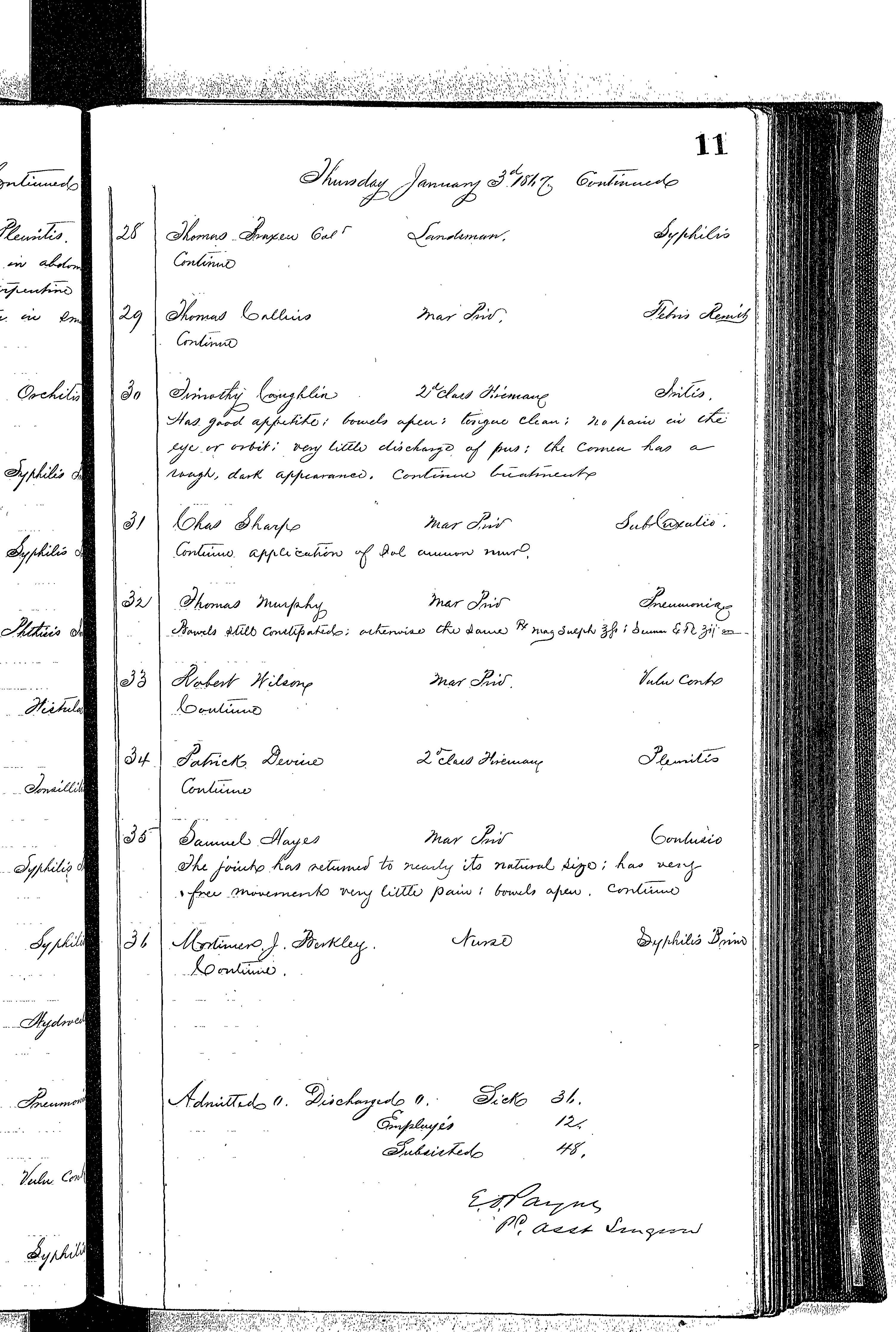 Patients in the Naval Hospital, Washington DC, on January 3, 1867, page 3 of 3, in the Medical Journal, October 1, 1866 to March 20, 1867