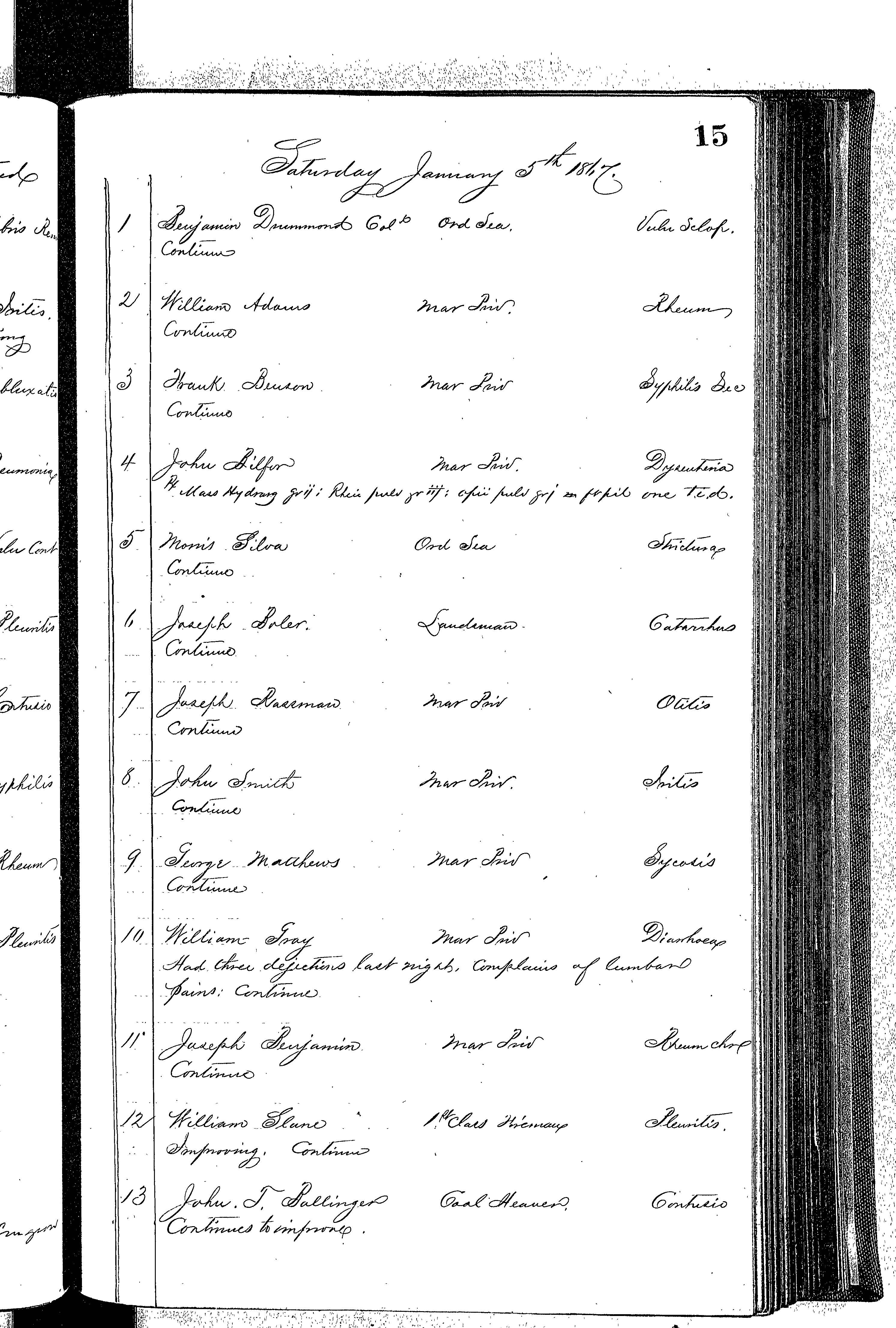 Patients in the Naval Hospital, Washington DC, on January 5, 1867, page 1 of 3, in the Medical Journal, October 1, 1866 to March 20, 1867