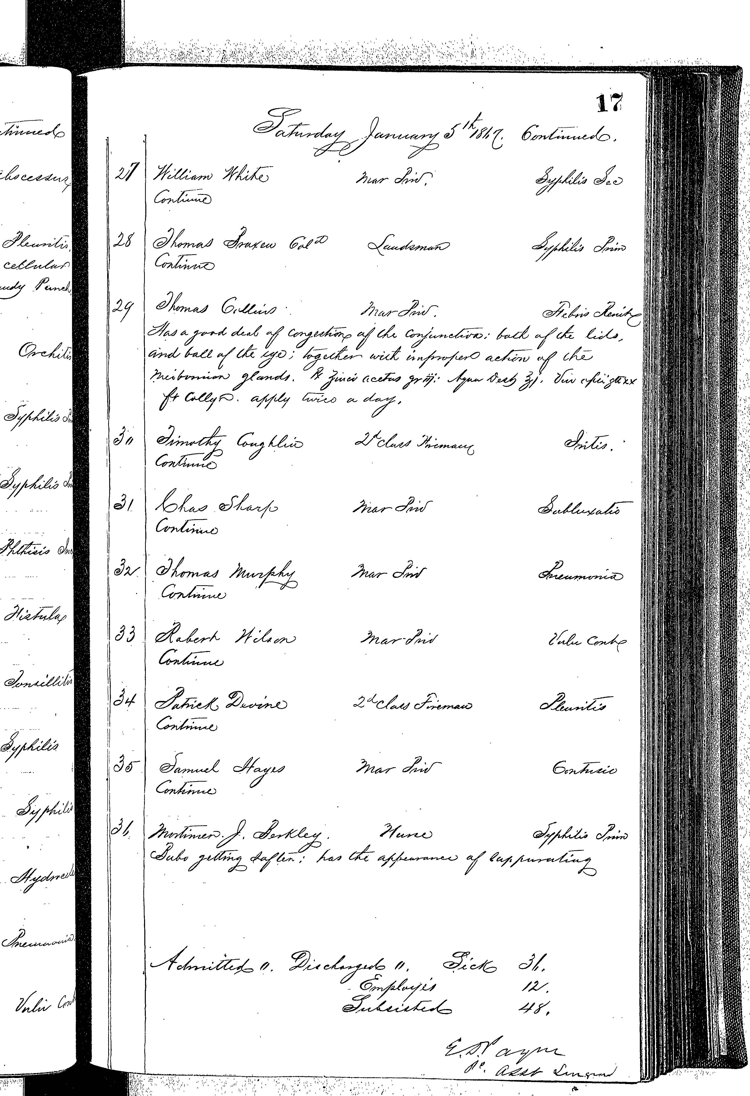 Patients in the Naval Hospital, Washington DC, on January 5, 1867, page 3 of 3, in the Medical Journal, October 1, 1866 to March 20, 1867