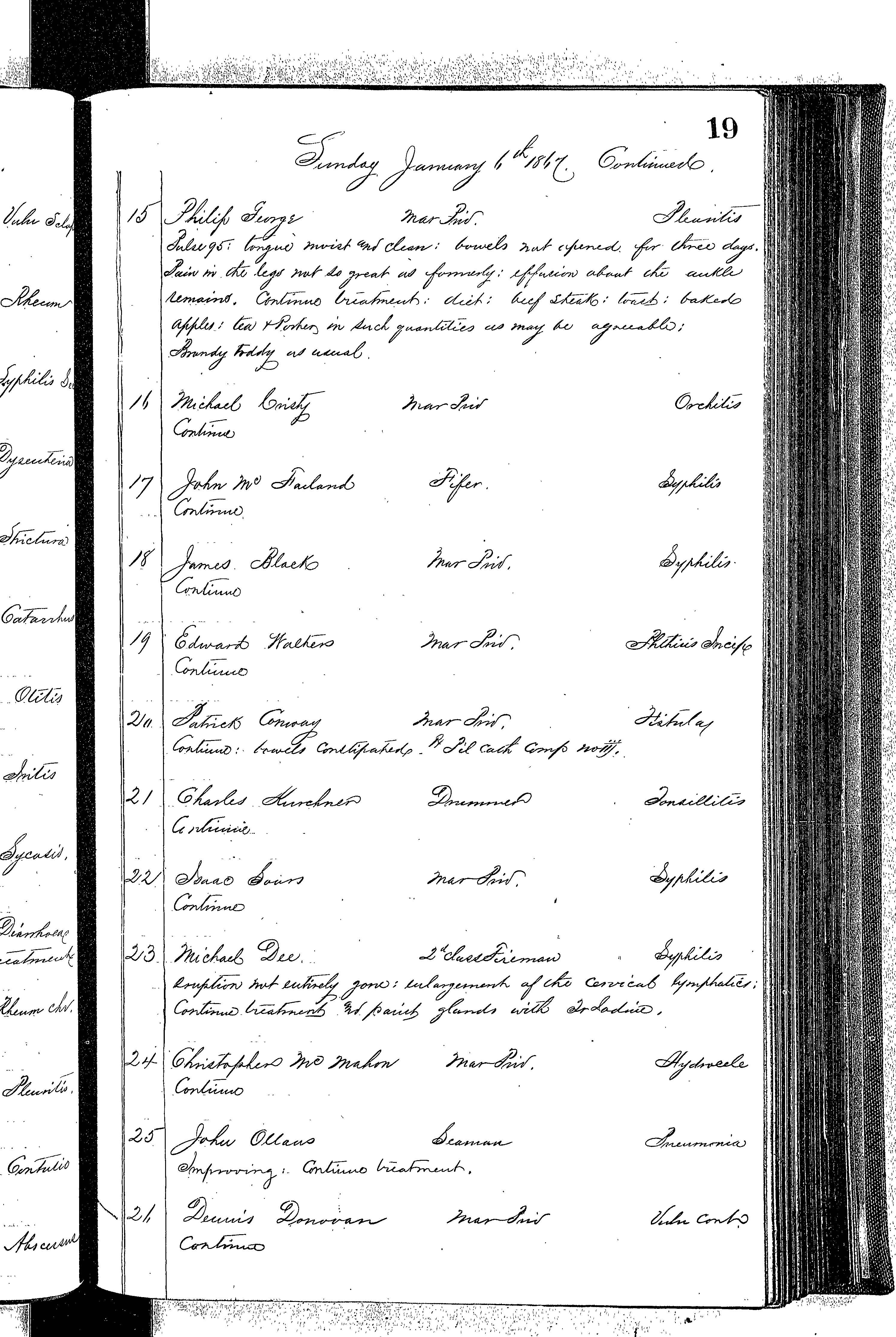 Patients in the Naval Hospital, Washington DC, on January 6, 1867, page 2 of 3, in the Medical Journal, October 1, 1866 to March 20, 1867