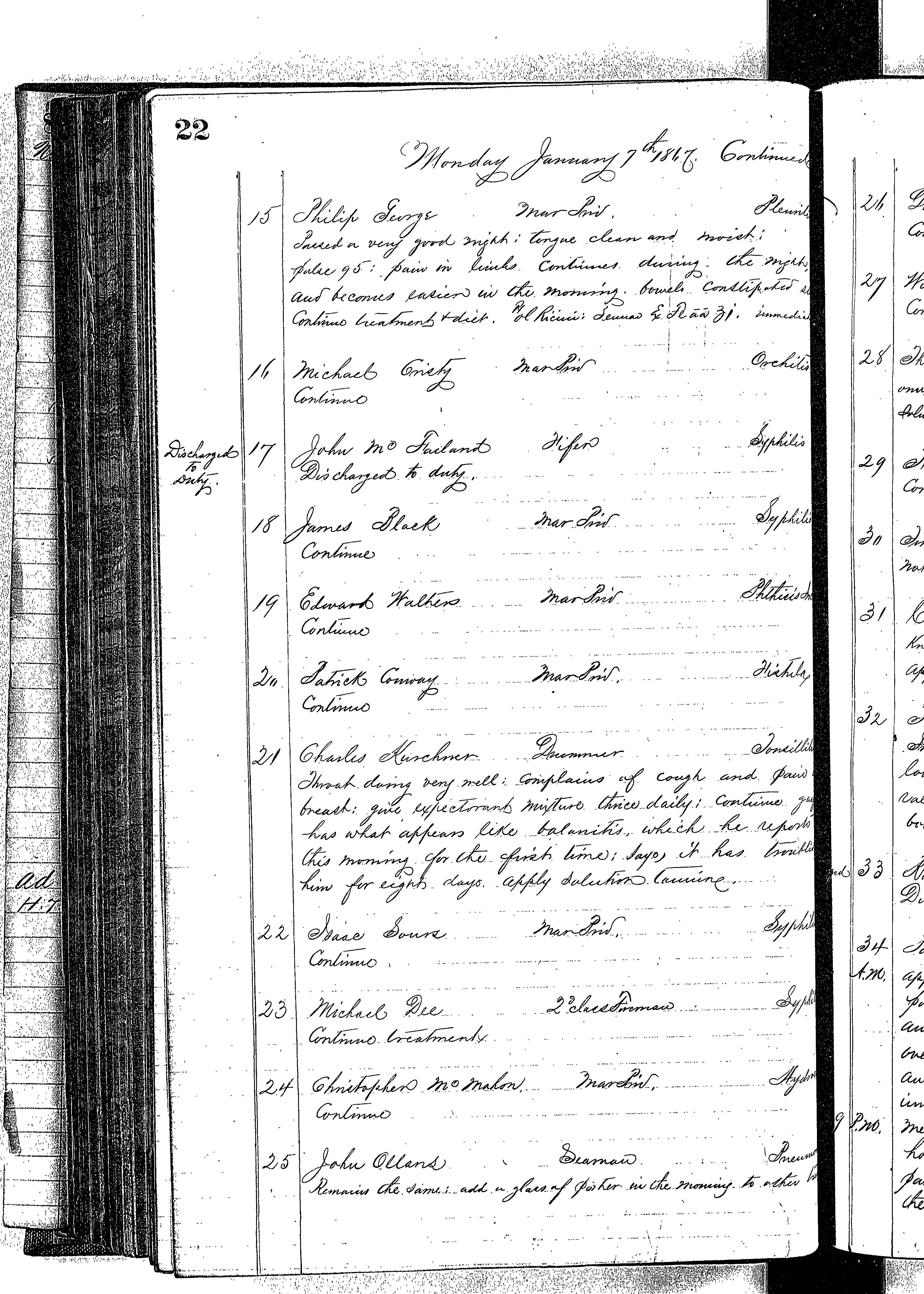 Patients in the Naval Hospital, Washington DC, on January 7, 1867, page 2 of 5, in the Medical Journal, October 1, 1866 to March 20, 1867