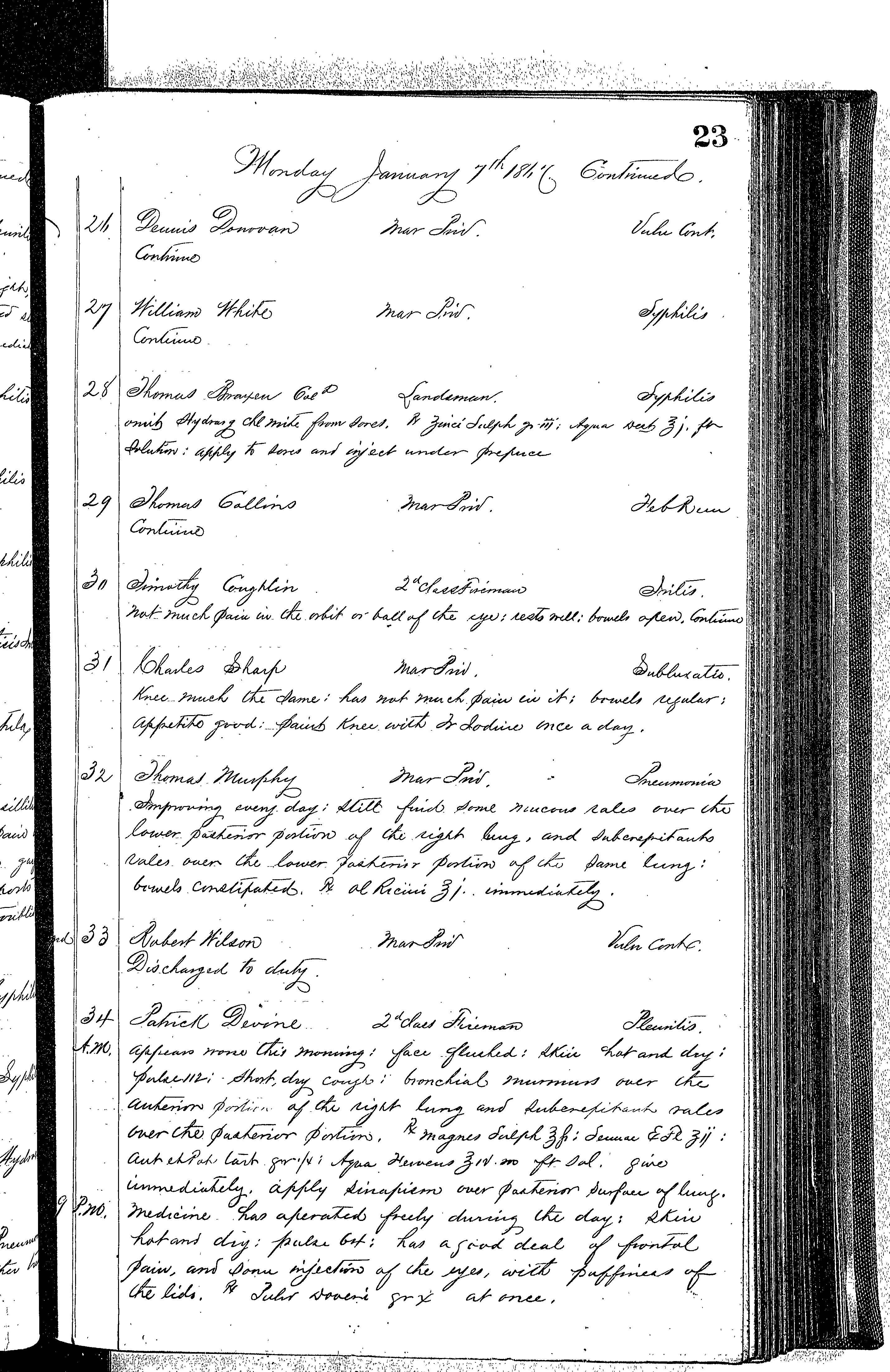 Patients in the Naval Hospital, Washington DC, on January 7, 1867, page 3 of 5, in the Medical Journal, October 1, 1866 to March 20, 1867