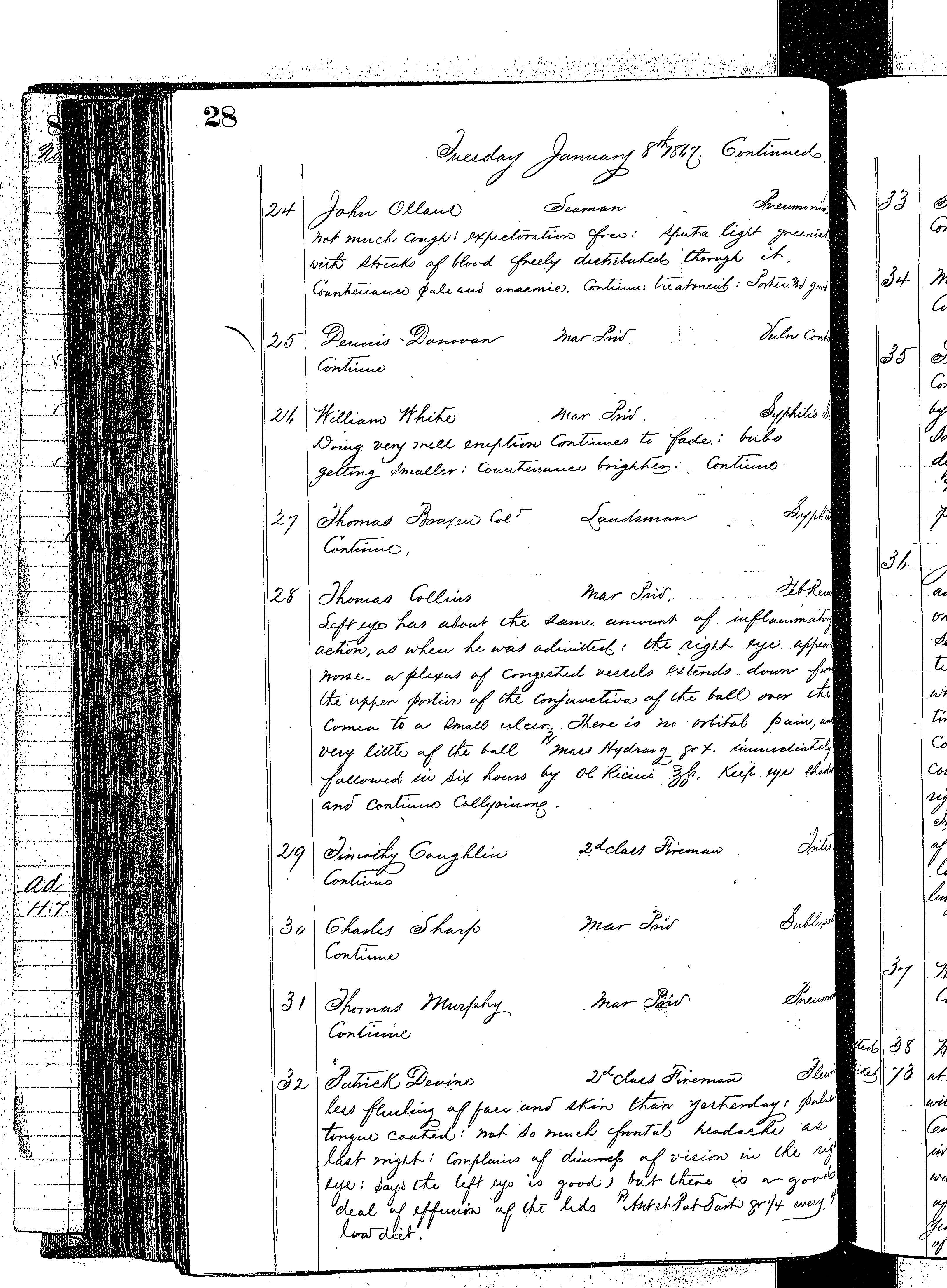 Patients in the Naval Hospital, Washington DC, on January 8, 1867, page 3 of 5, in the Medical Journal, October 1, 1866 to March 20, 1867