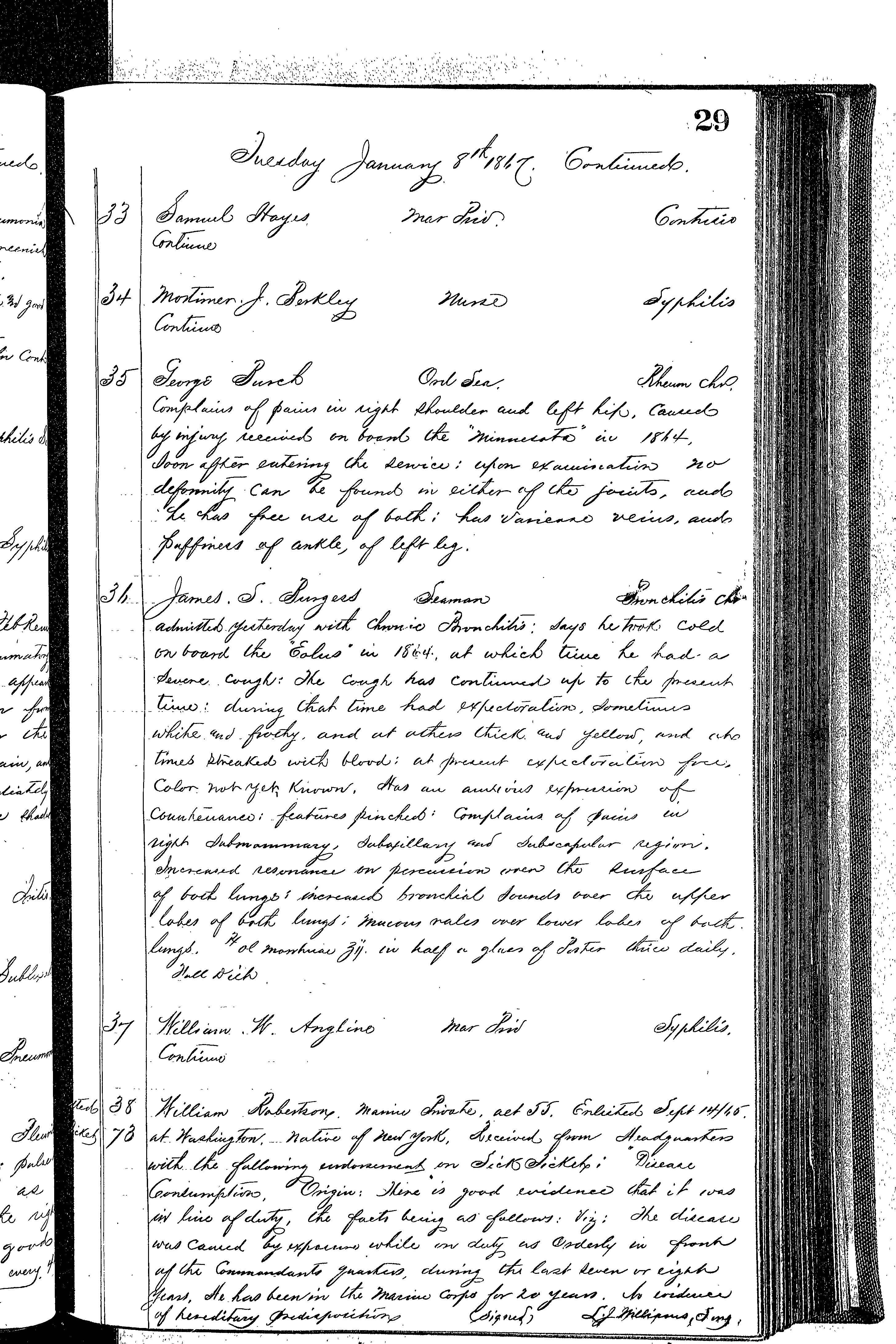 Patients in the Naval Hospital, Washington DC, on January 8, 1867, page 4 of 5, in the Medical Journal, October 1, 1866 to March 20, 1867