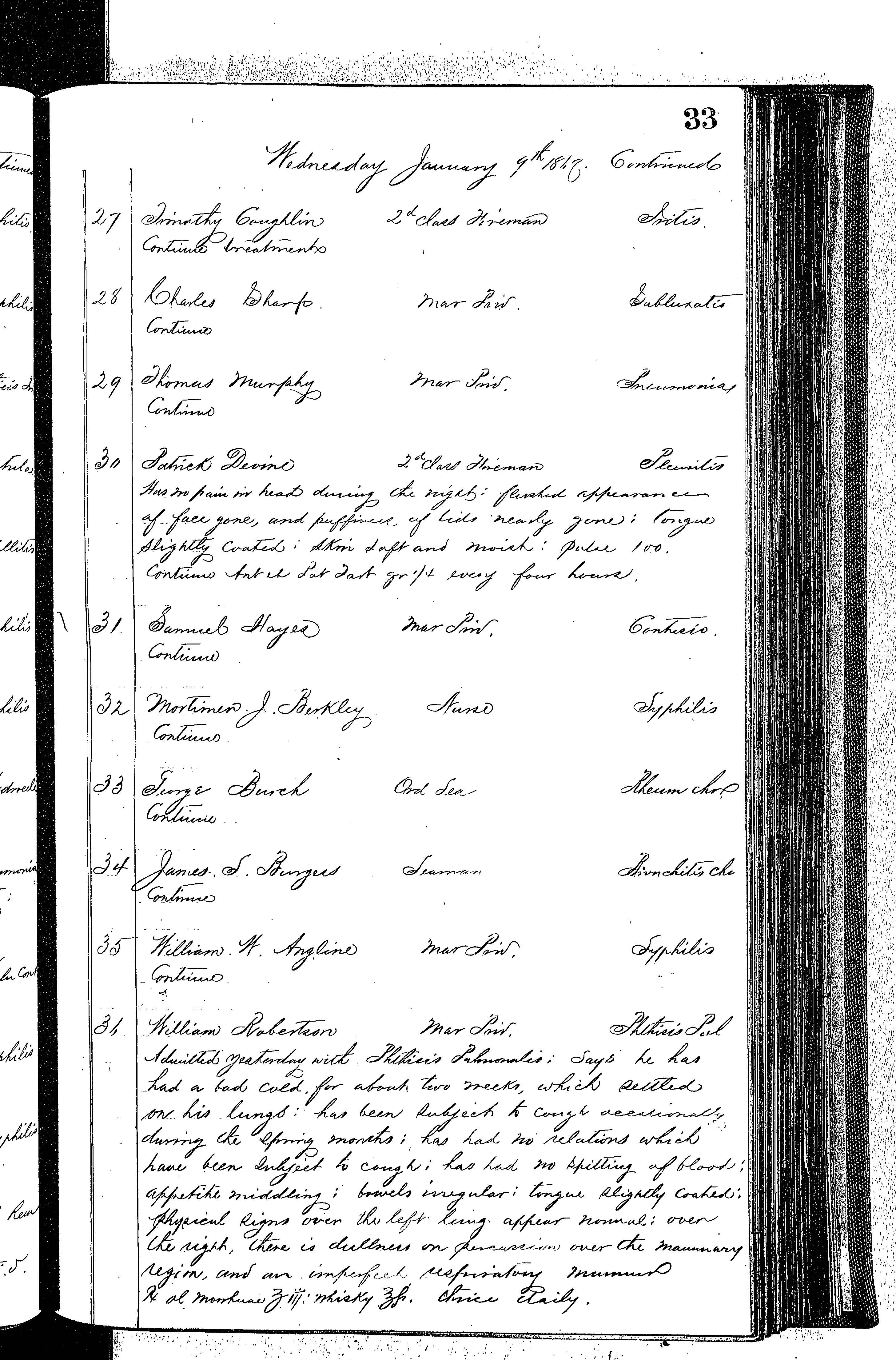 Patients in the Naval Hospital, Washington DC, on January 9, 1867, page 3 of 4, in the Medical Journal, October 1, 1866 to March 20, 1867