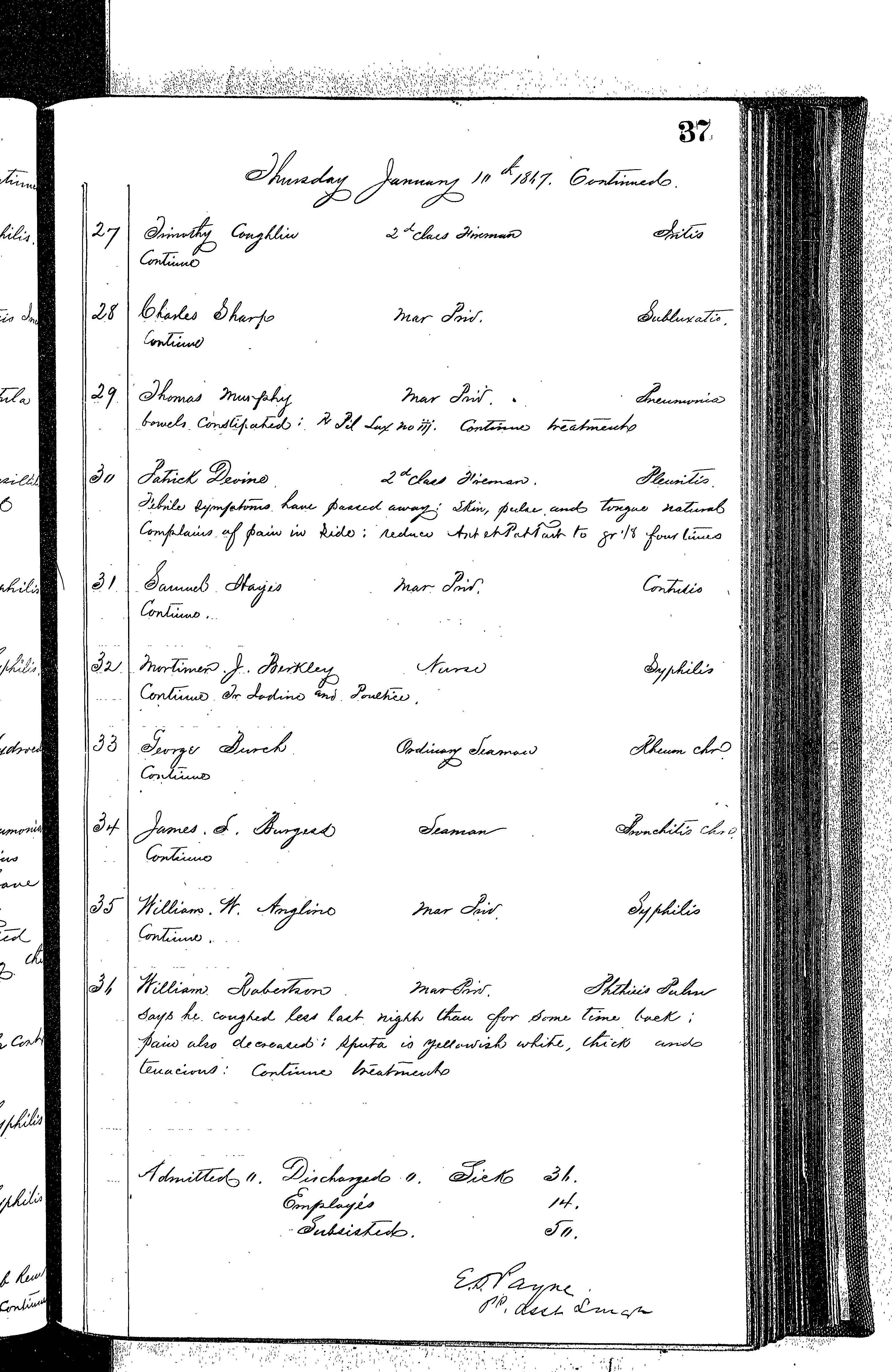 Patients in the Naval Hospital, Washington DC, on January 10, 1867, page 3 of 3, in the Medical Journal, October 1, 1866 to March 20, 1867