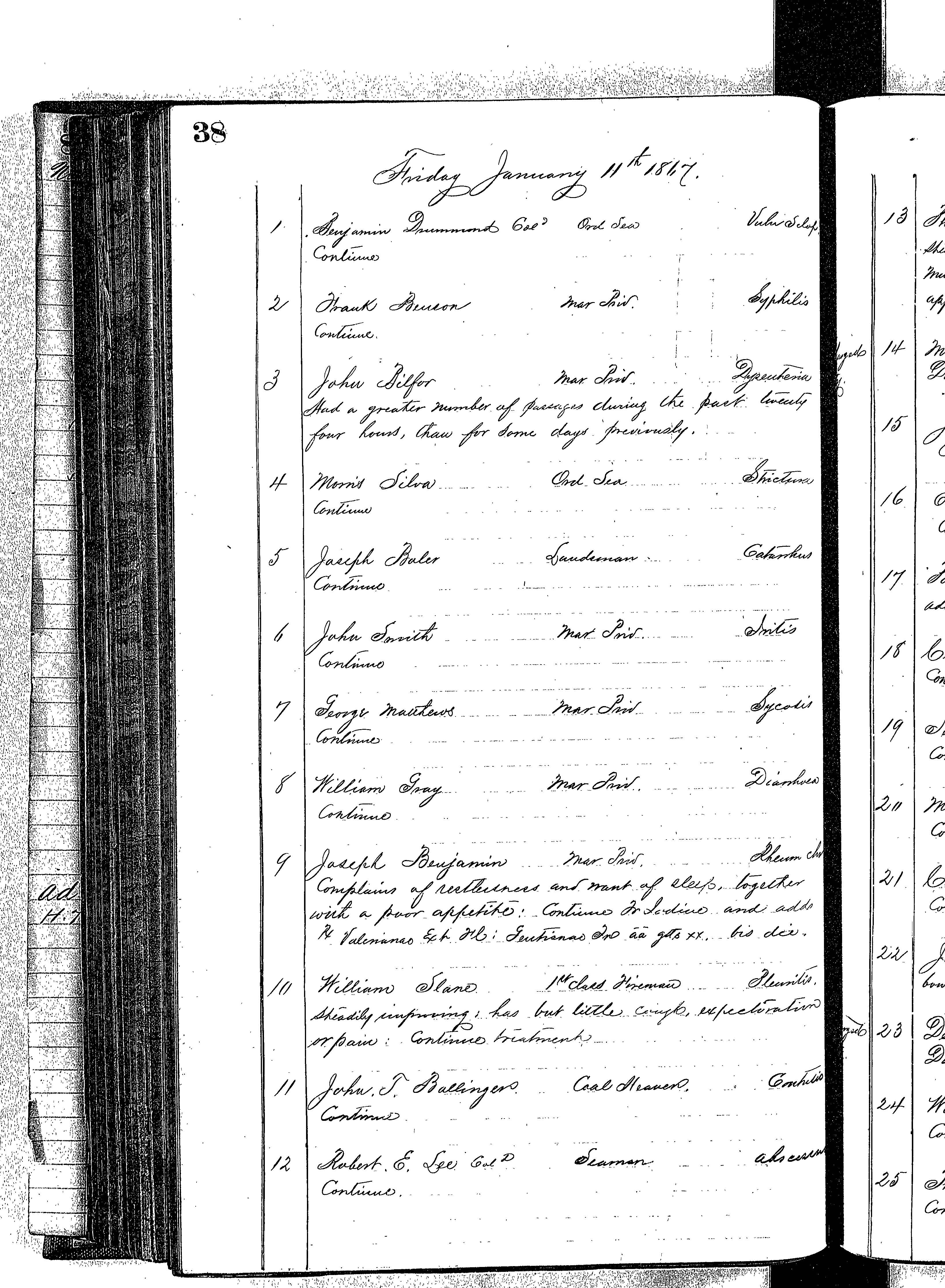 Patients in the Naval Hospital, Washington DC, on January 11, 1867, page 1 of 4, in the Medical Journal, October 1, 1866 to March 20, 1867