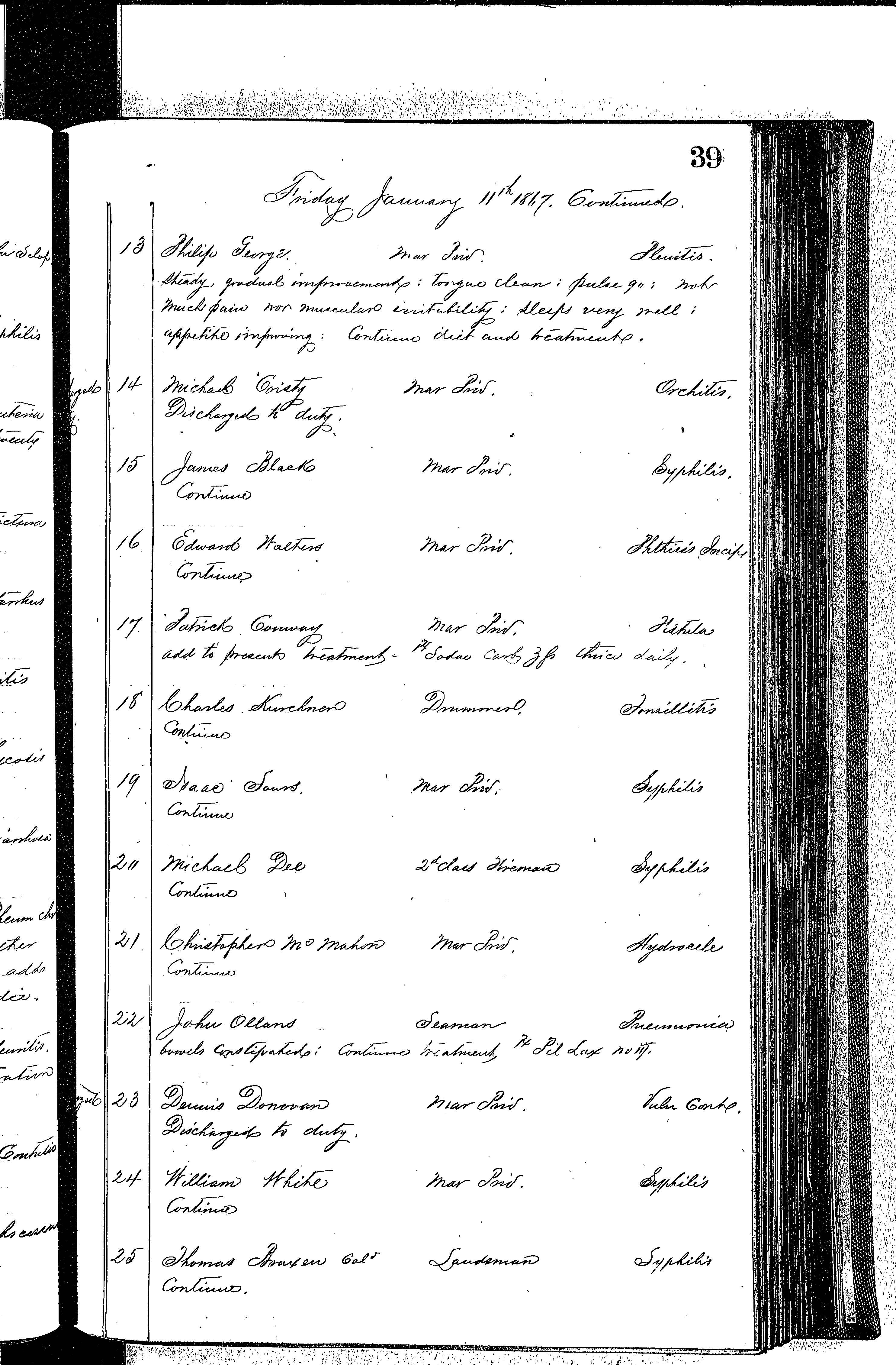 Patients in the Naval Hospital, Washington DC, on January 11, 1867, page 2 of 4, in the Medical Journal, October 1, 1866 to March 20, 1867