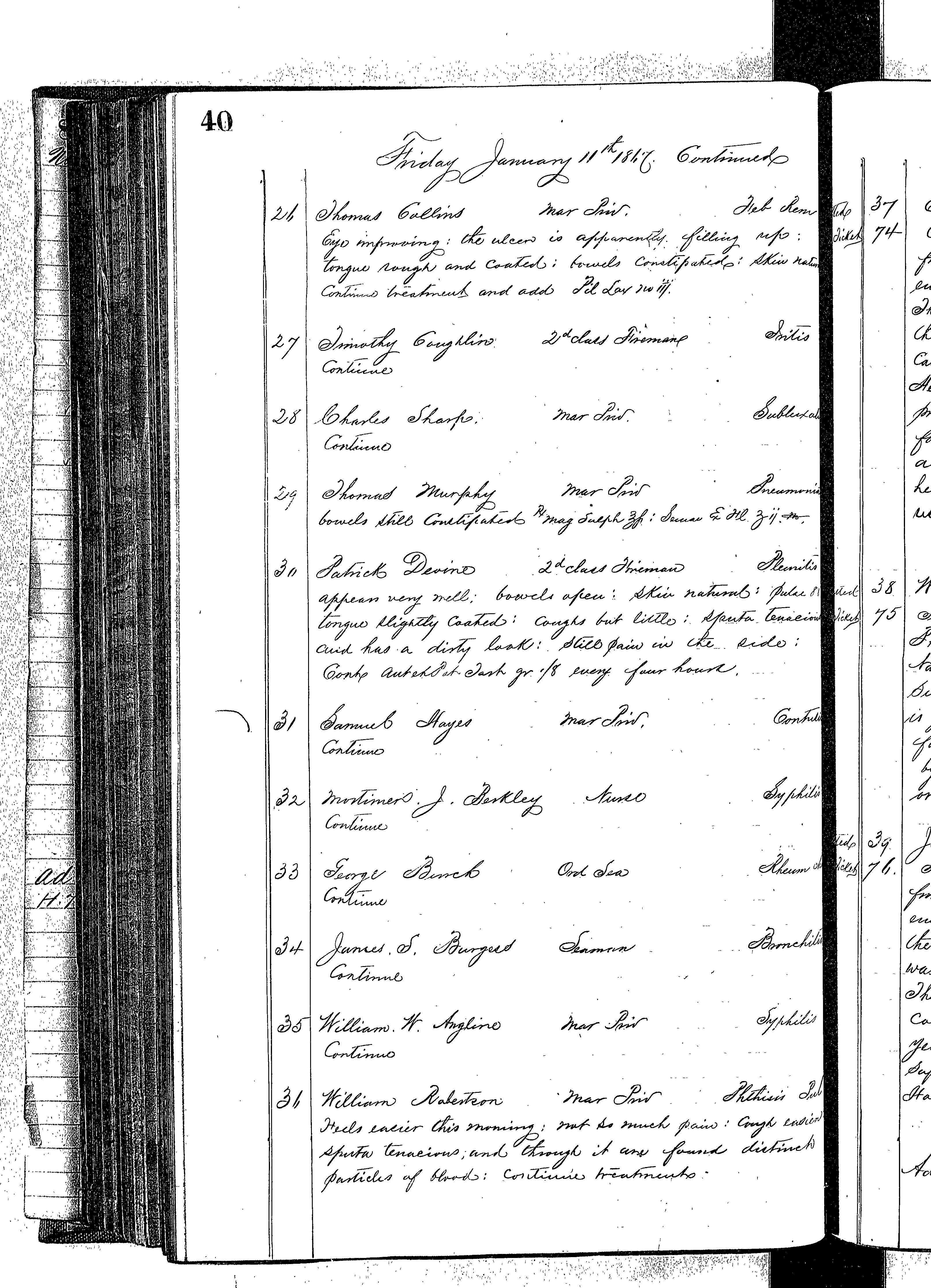 Patients in the Naval Hospital, Washington DC, on January 11, 1867, page 3 of 4, in the Medical Journal, October 1, 1866 to March 20, 1867