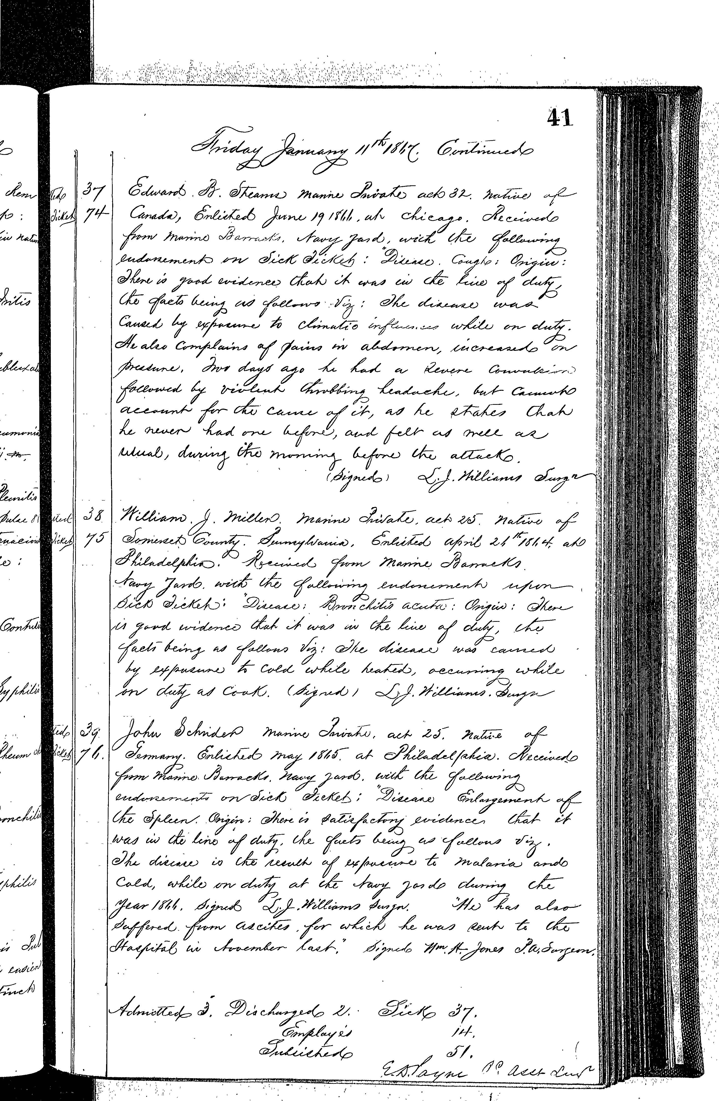 Patients in the Naval Hospital, Washington DC, on January 11, 1867, page 4 of 4, in the Medical Journal, October 1, 1866 to March 20, 1867