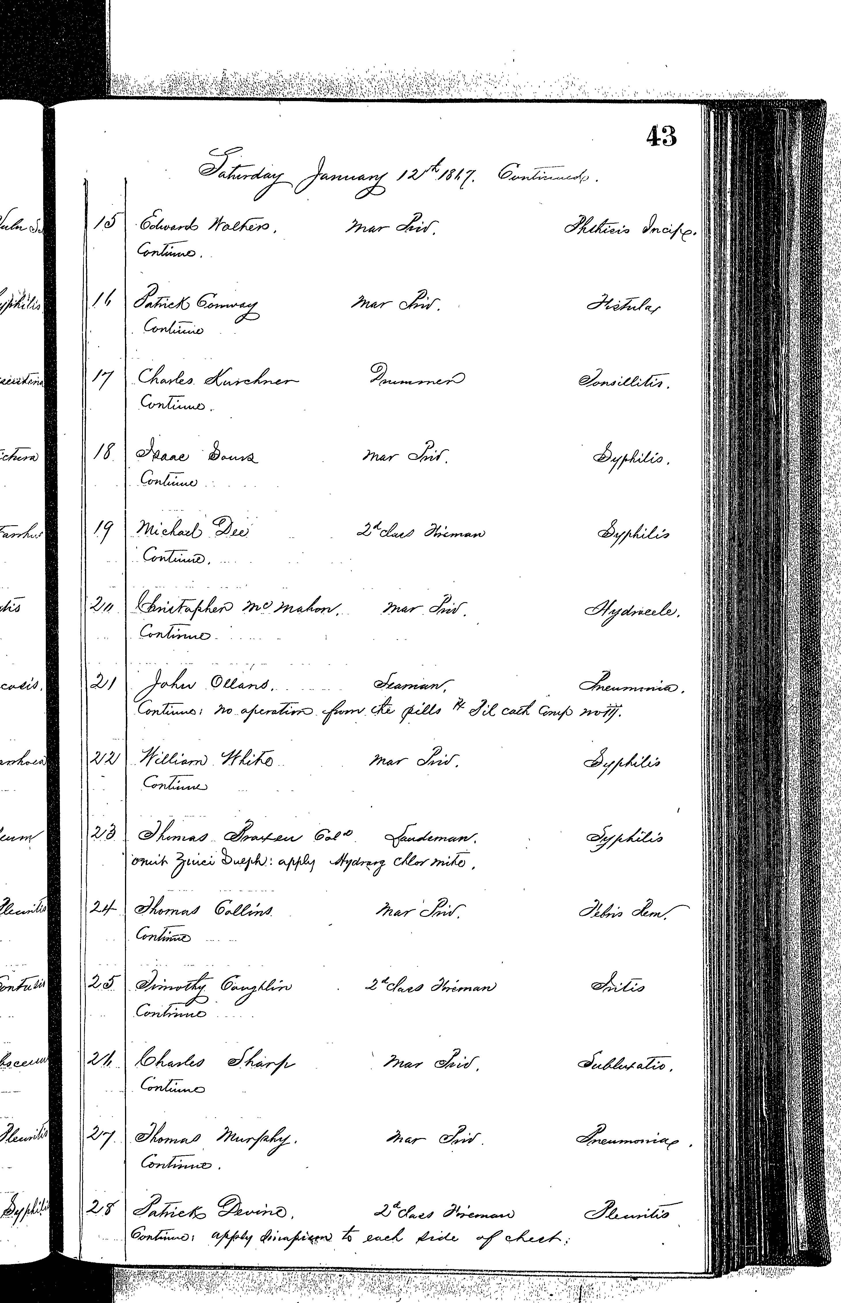 Patients in the Naval Hospital, Washington DC, on January 12, 1867, page 2 of 4, in the Medical Journal, October 1, 1866 to March 20, 1867