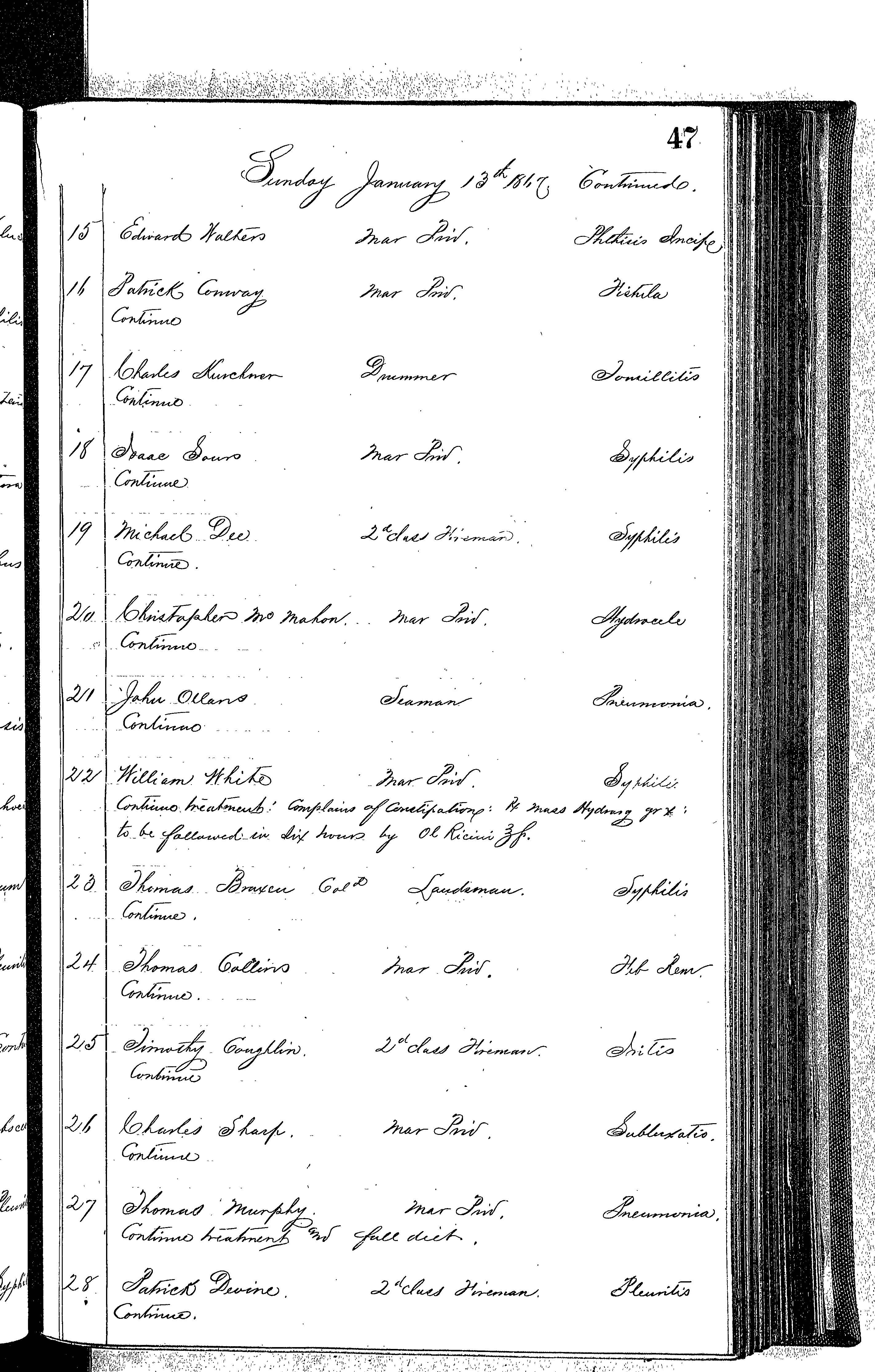 Patients in the Naval Hospital, Washington DC, on January 13, 1867, page 2 of 3, in the Medical Journal, October 1, 1866 to March 20, 1867