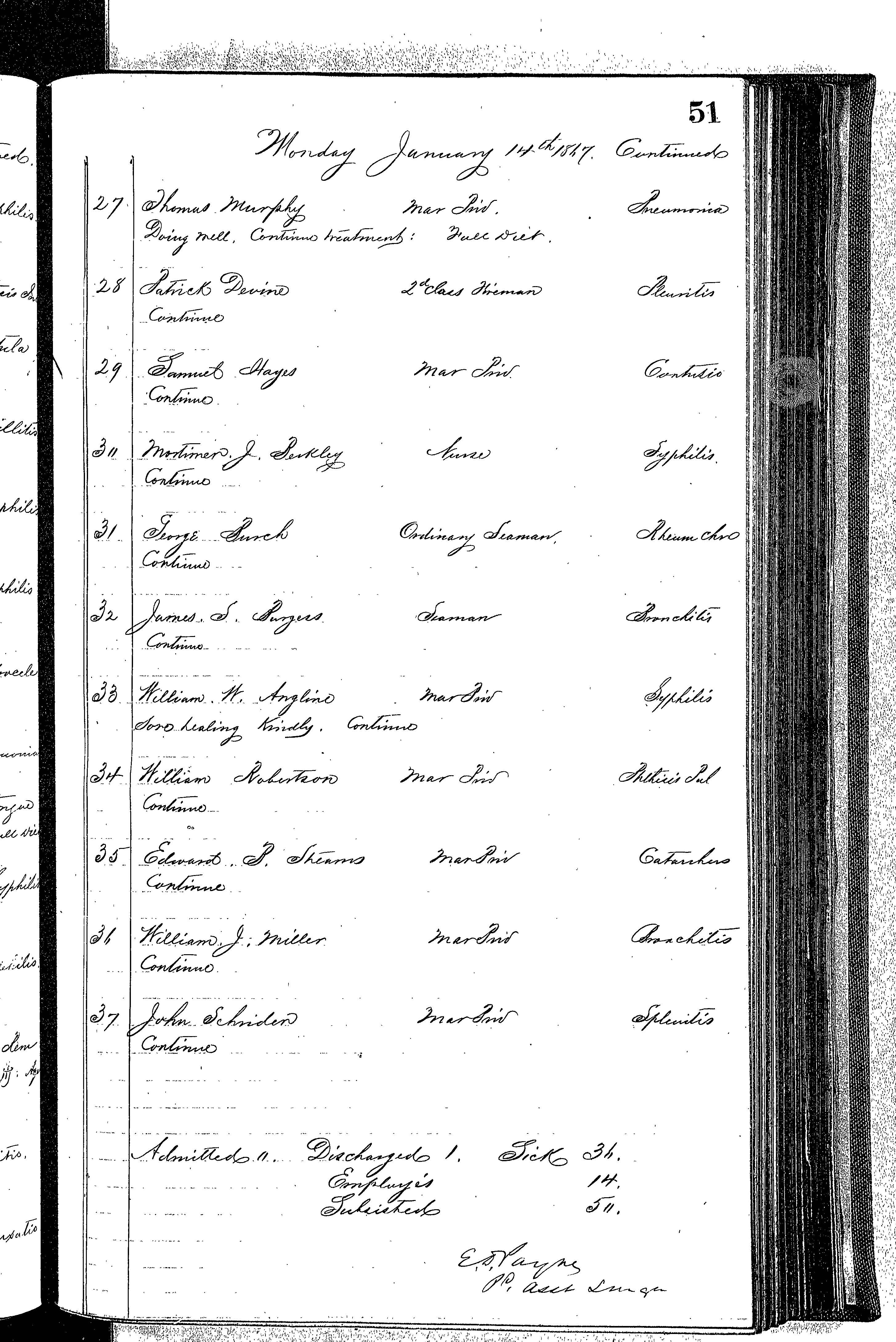 Patients in the Naval Hospital, Washington DC, on January 14, 1867, page 3 of 3, in the Medical Journal, October 1, 1866 to March 20, 1867