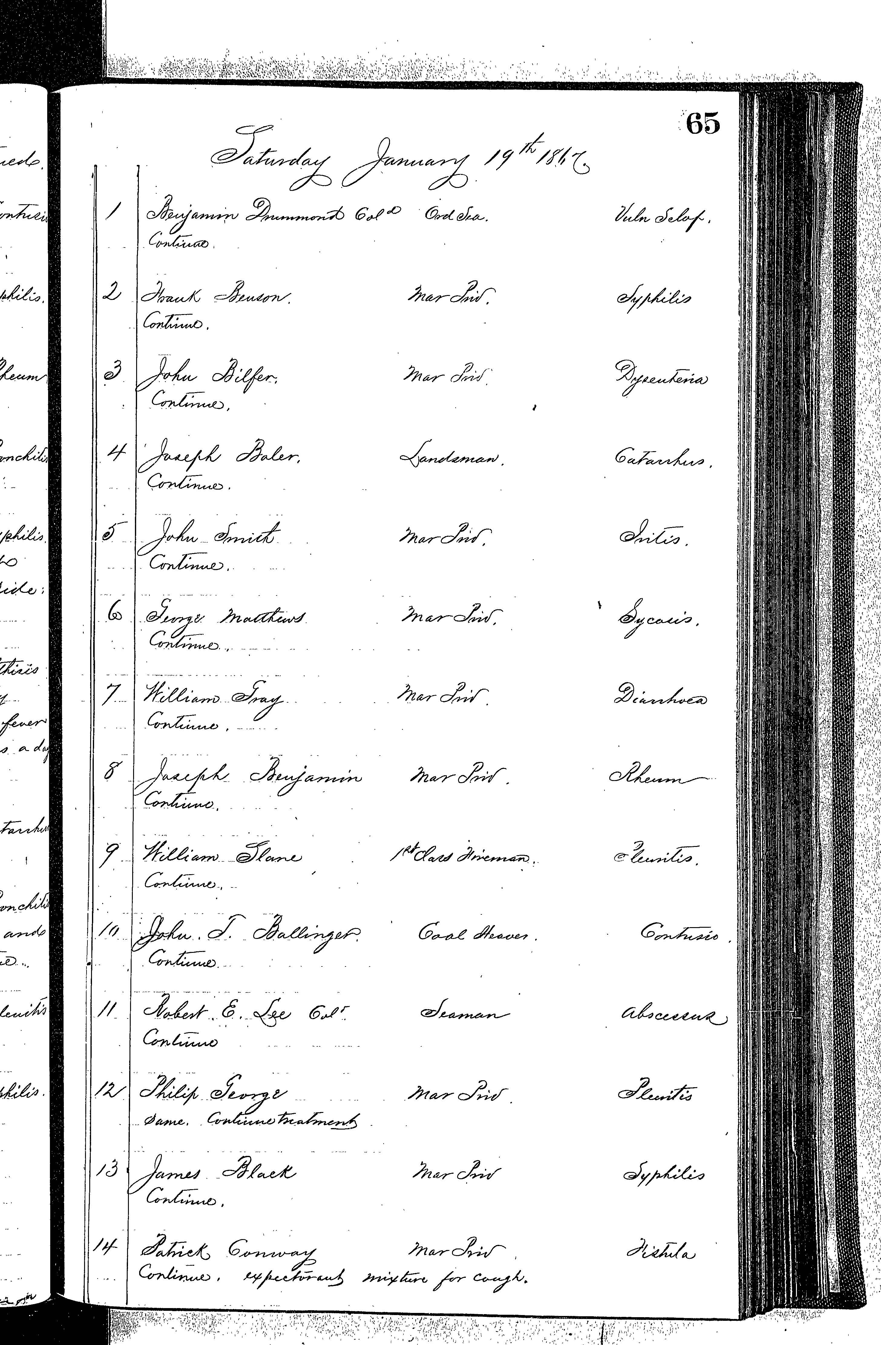 Patients in the Naval Hospital, Washington DC, on January 19, 1867 - Page 1 of 3, in the Medical Journal, October 1, 1866 to March 20, 1867