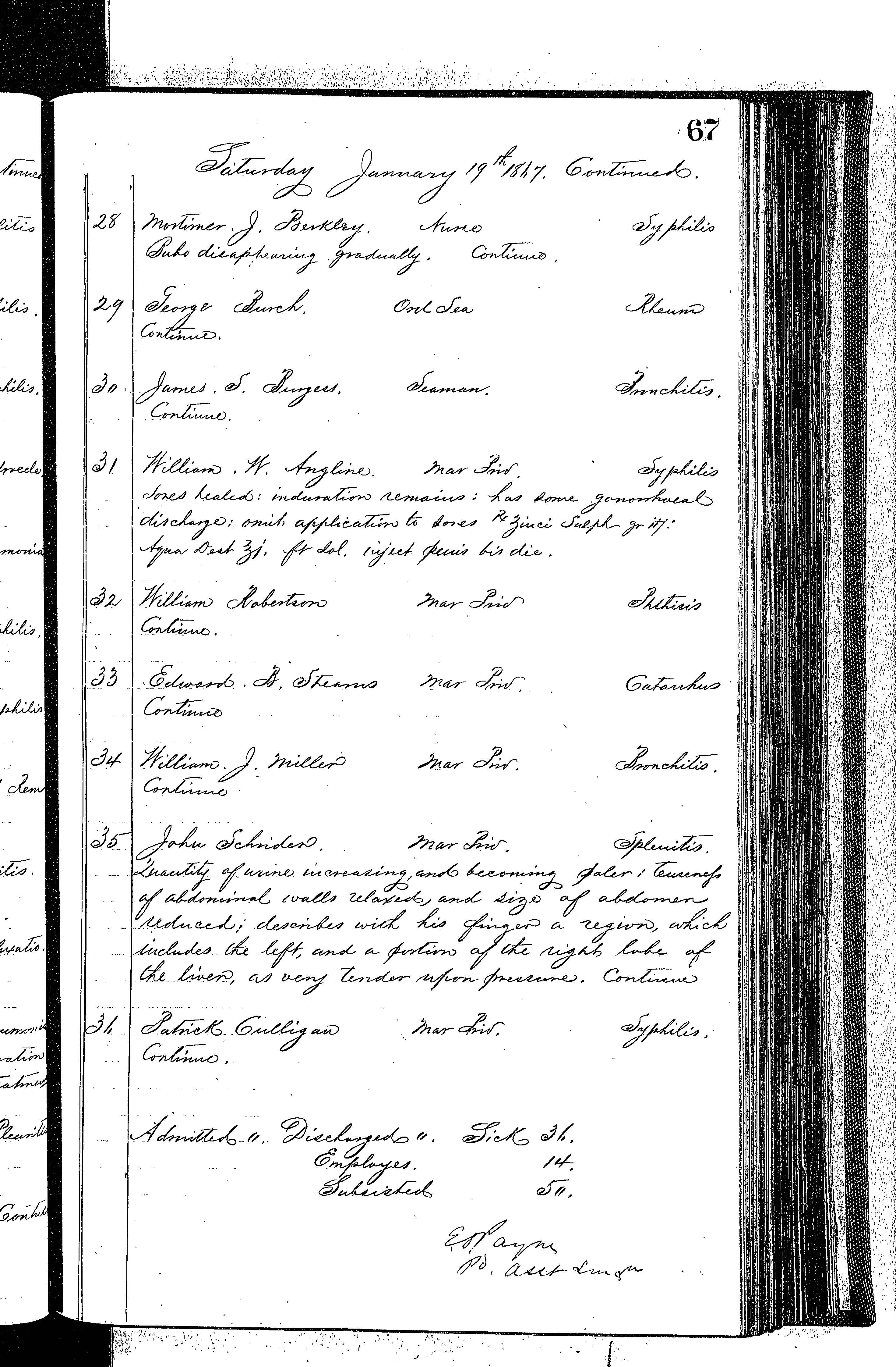 Patients in the Naval Hospital, Washington DC, on January 19, 1867 - Page 3 of 3, in the Medical Journal, October 1, 1866 to March 20, 1867