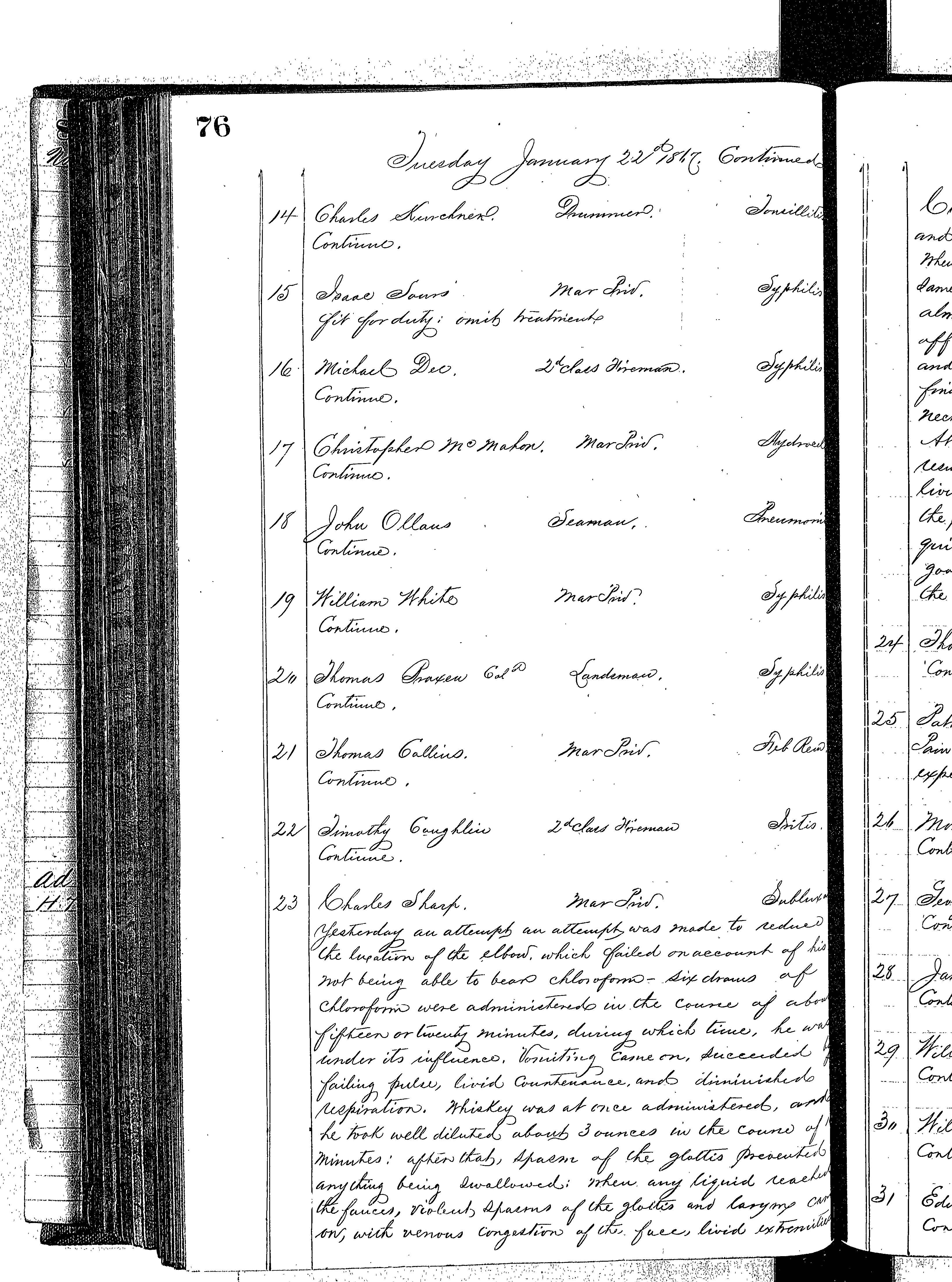 Patients in the Naval Hospital, Washington DC, on January 22, 1867 - Page 2 of 4, in the Medical Journal, October 1, 1866 to March 20, 1867