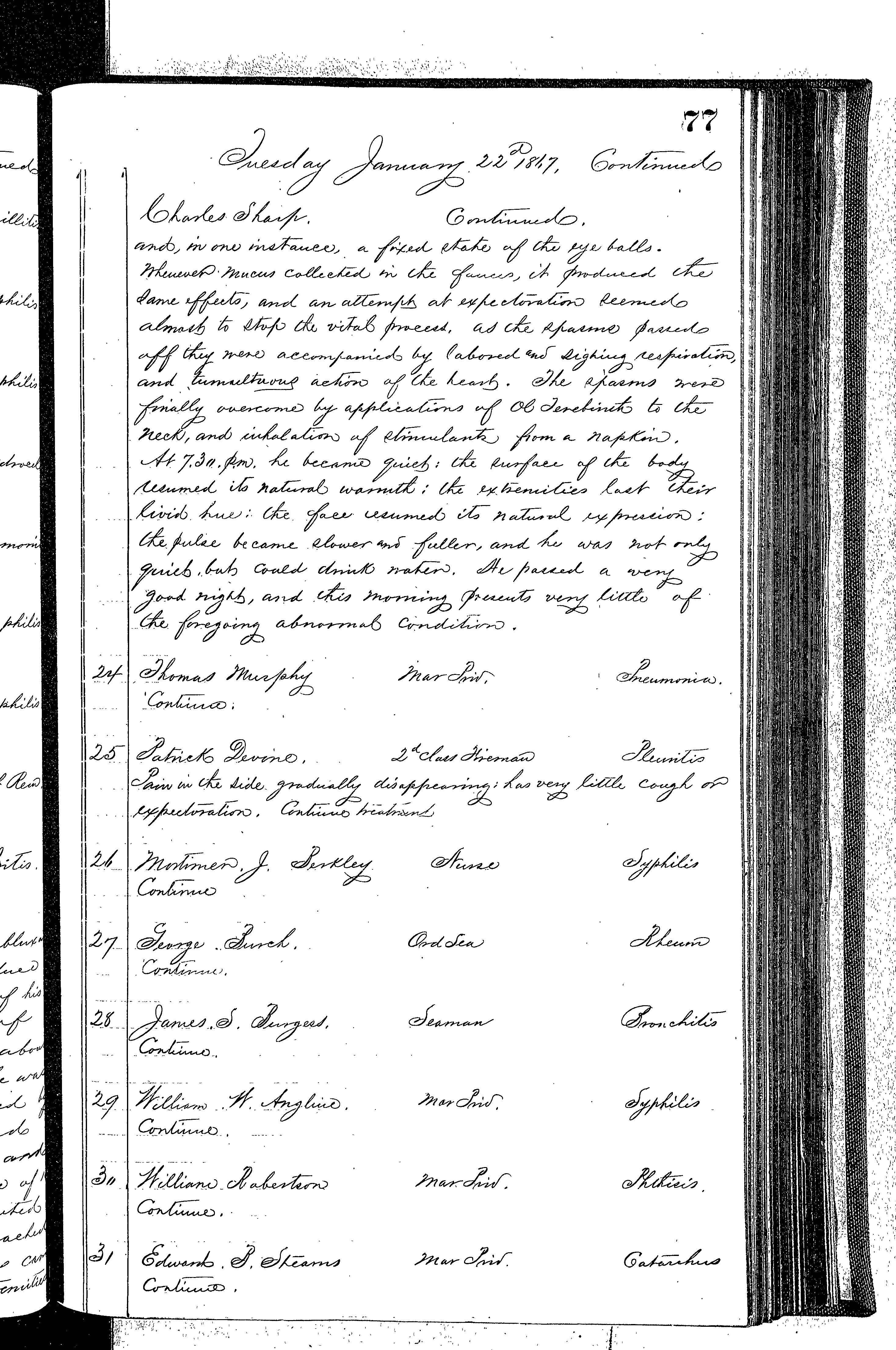 Patients in the Naval Hospital, Washington DC, on January 22, 1867 - Page 3 of 4, in the Medical Journal, October 1, 1866 to March 20, 1867