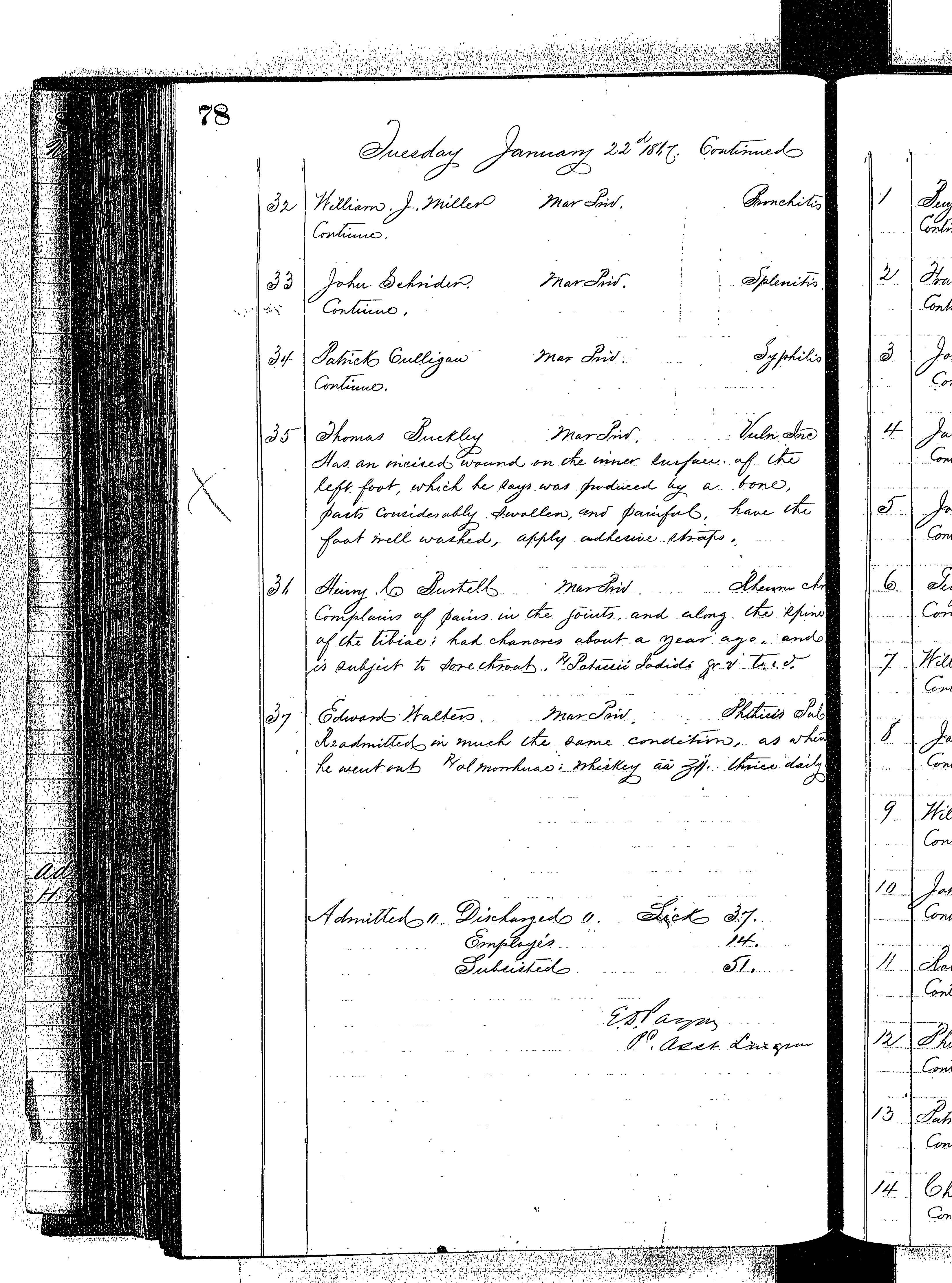 Patients in the Naval Hospital, Washington DC, on January 22, 1867 - Page 4 of 4, in the Medical Journal, October 1, 1866 to March 20, 1867