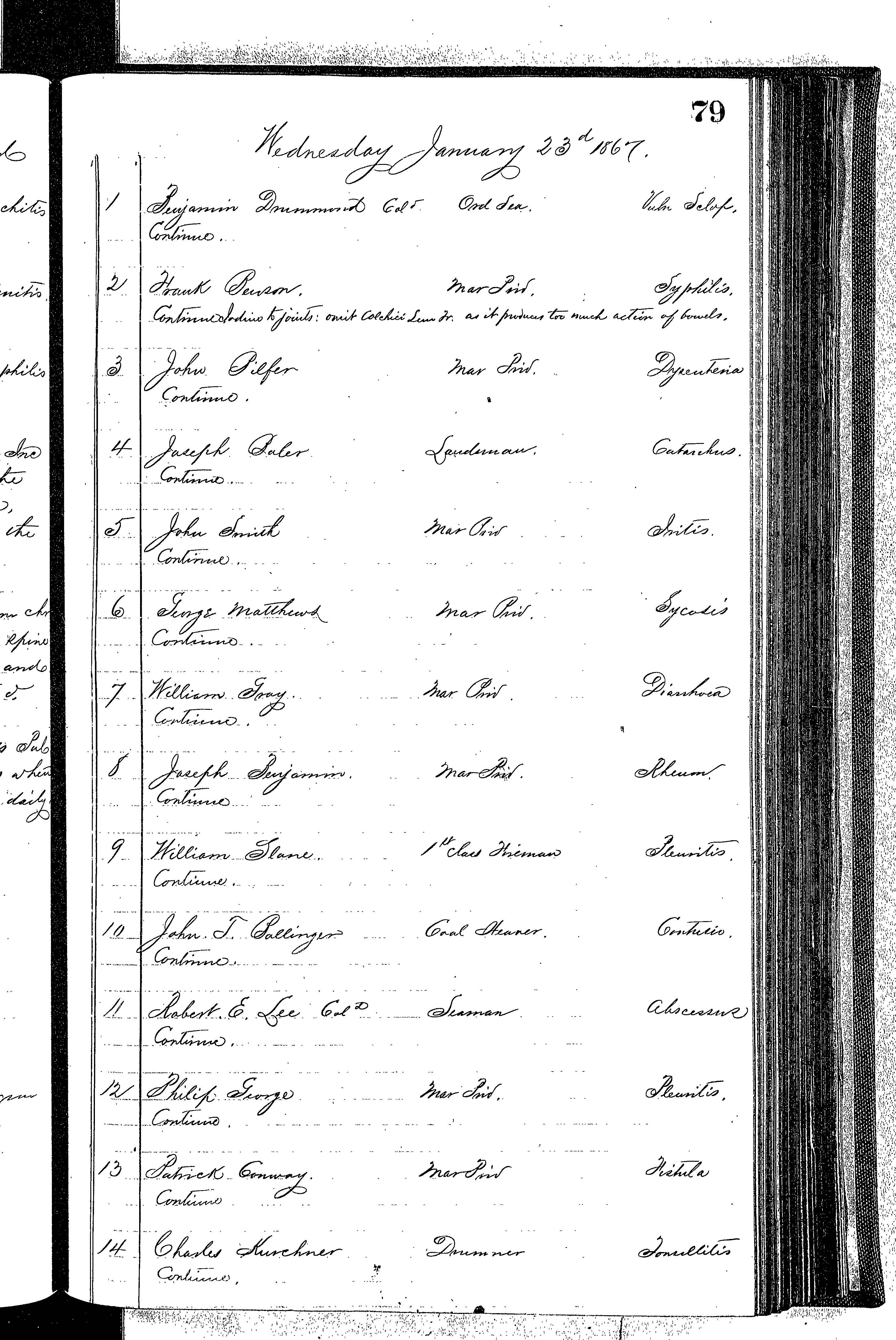 Patients in the Naval Hospital, Washington DC, on January 23, 1867 - Page 1 of 5, in the Medical Journal, October 1, 1866 to March 20, 1867