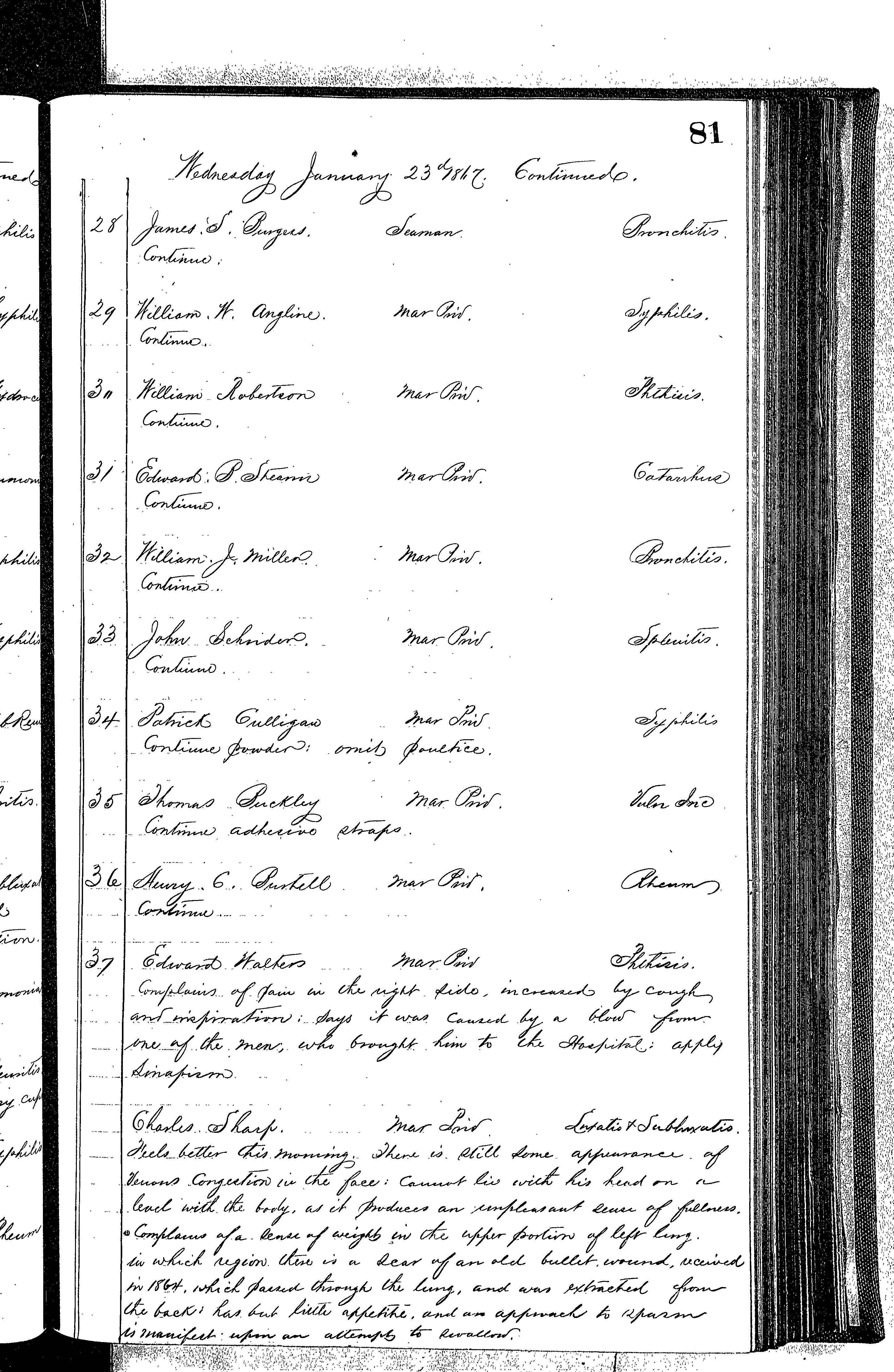 Patients in the Naval Hospital, Washington DC, on January 23, 1867 - Page 3 of 5, in the Medical Journal, October 1, 1866 to March 20, 1867