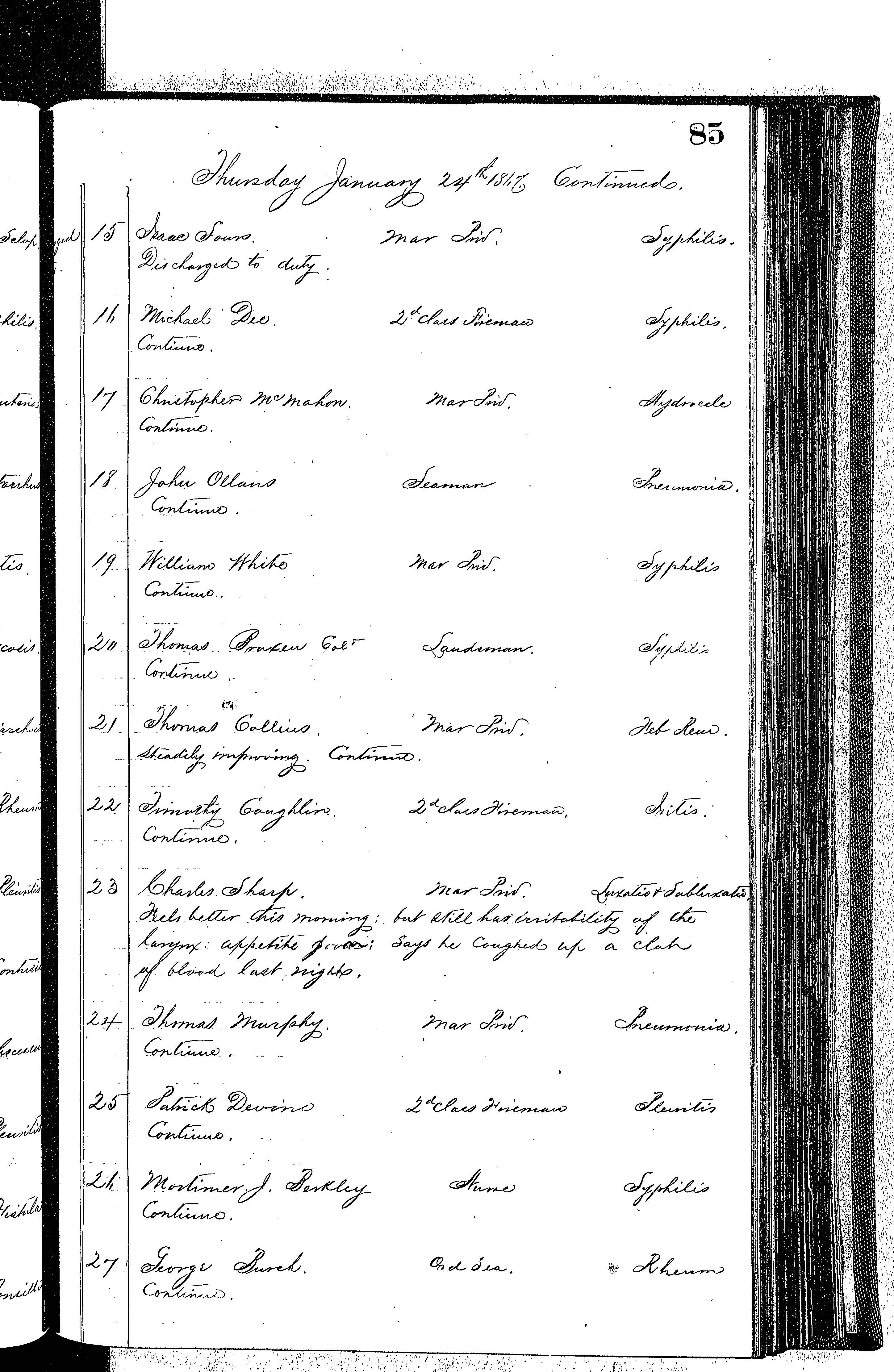 Patients in the Naval Hospital, Washington DC, on January 24, 1867 - Page 2 of 4, in the Medical Journal, October 1, 1866 to March 20, 1867