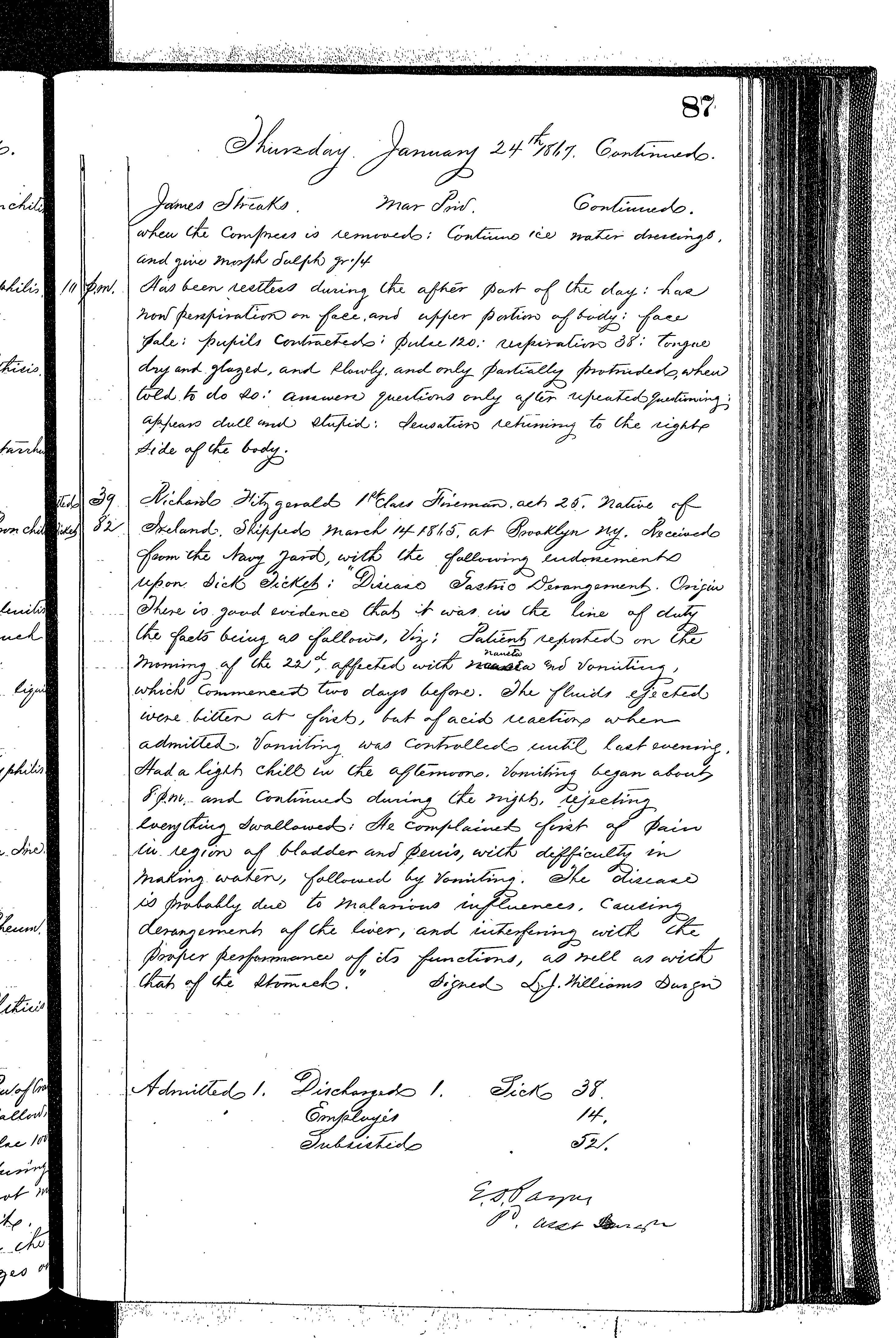 Patients in the Naval Hospital, Washington DC, on January 24, 1867 - Page 4 of 4, in the Medical Journal, October 1, 1866 to March 20, 1867