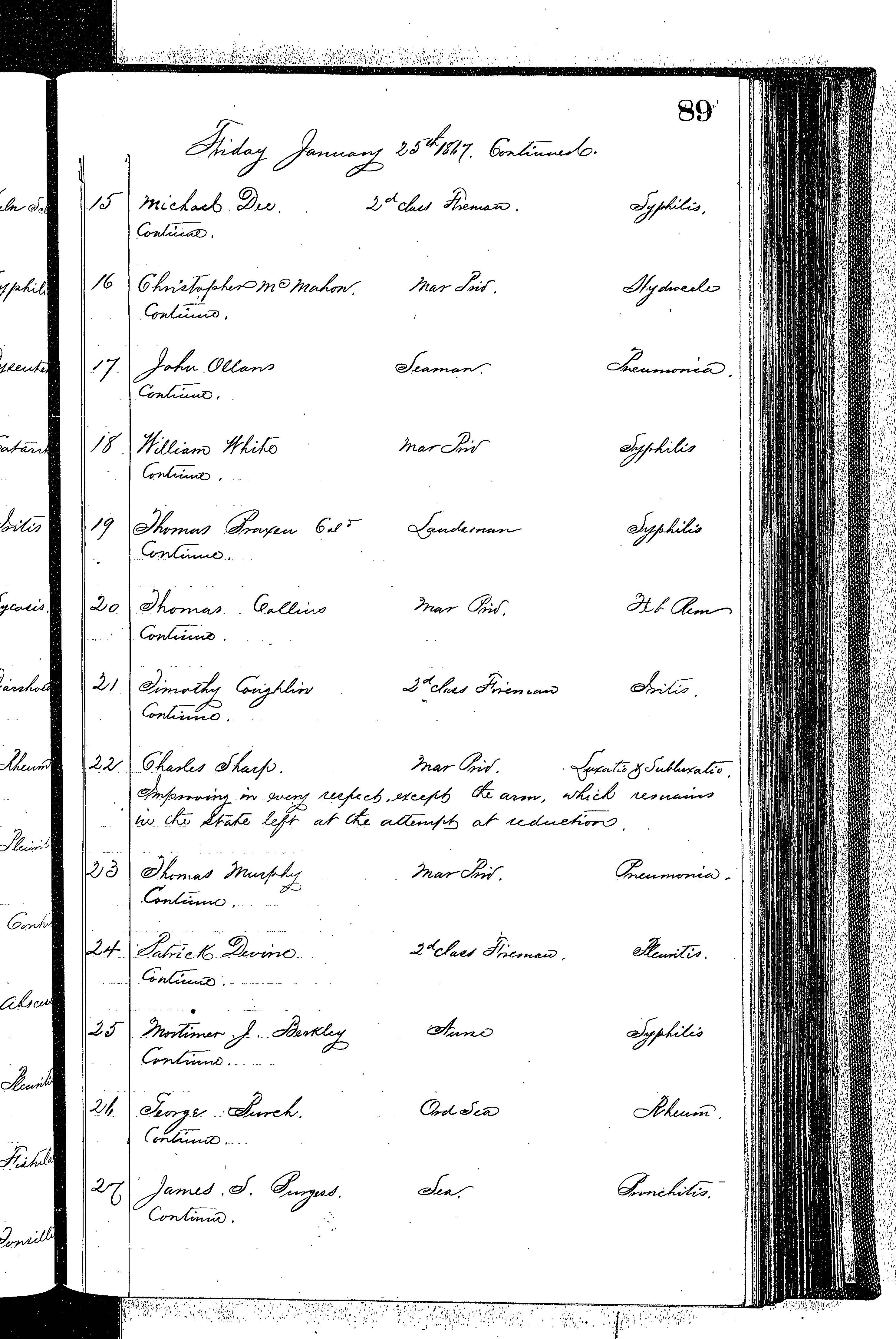 Patients in the Naval Hospital, Washington DC, on January 25, 1867 - Page 2 of 5, in the Medical Journal, October 1, 1866 to March 20, 1867
