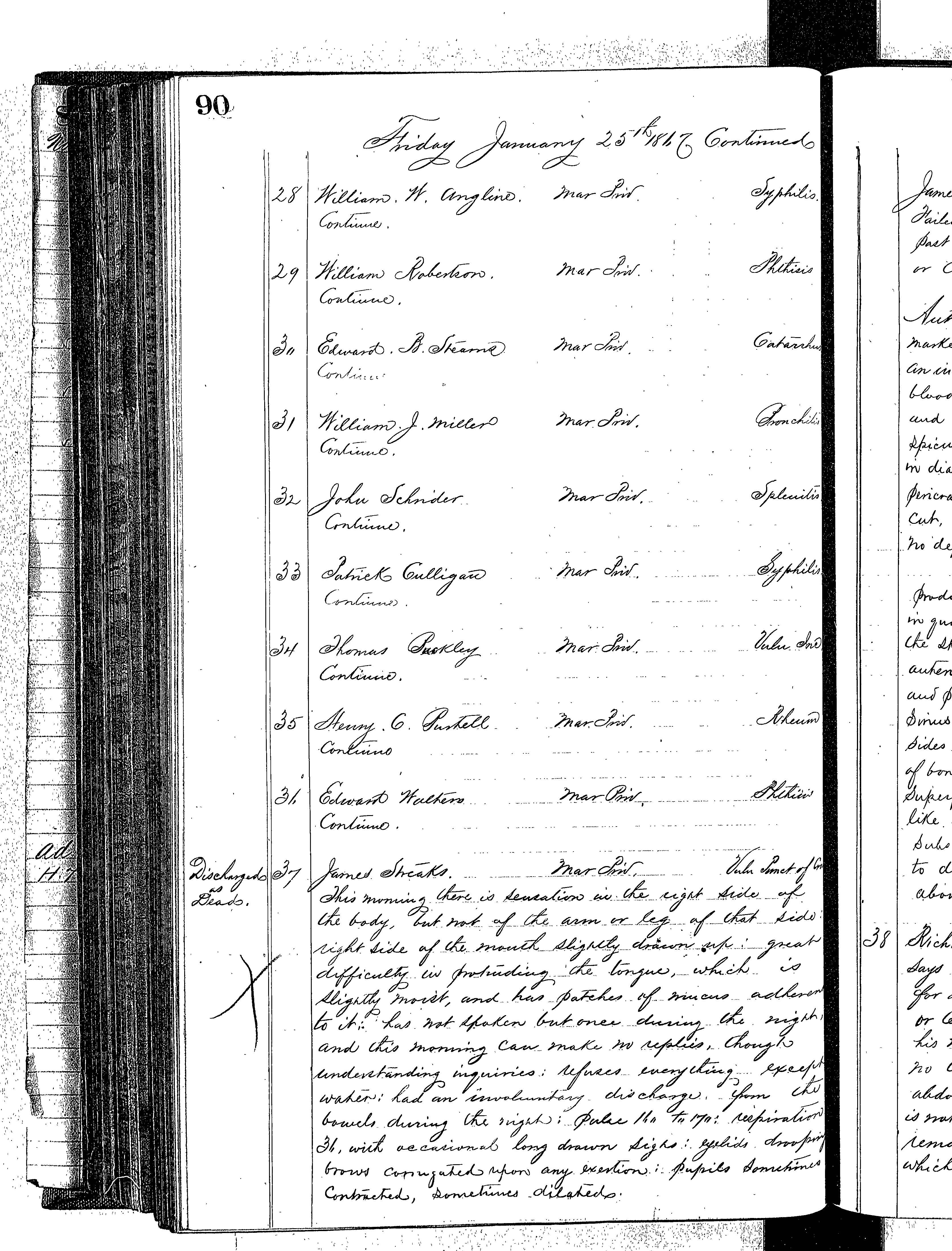 Patients in the Naval Hospital, Washington DC, on January 25, 1867 - Page 3 of 5, in the Medical Journal, October 1, 1866 to March 20, 1867