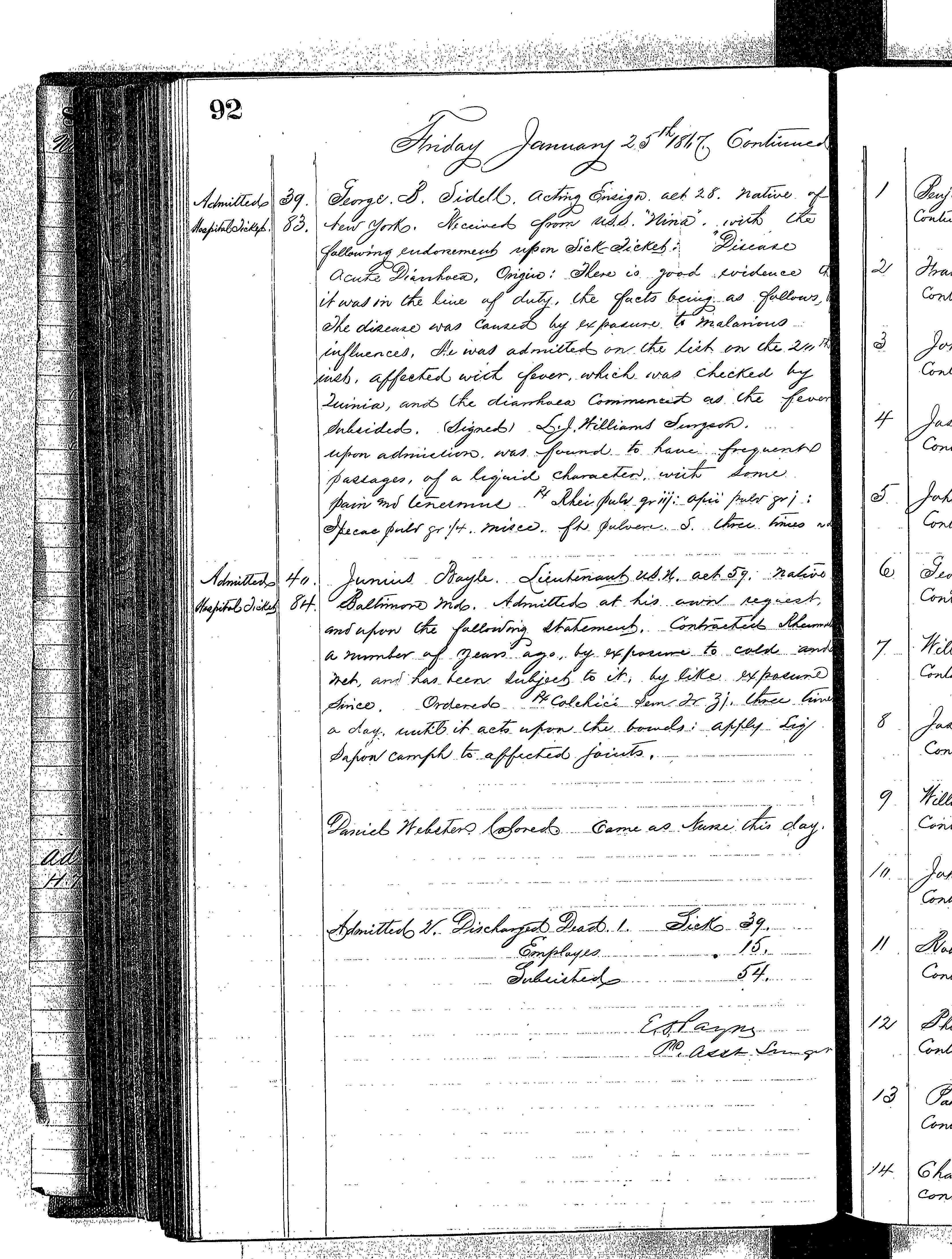 Patients in the Naval Hospital, Washington DC, on January 25, 1867 - Page 5 of 5, in the Medical Journal, October 1, 1866 to March 20, 1867