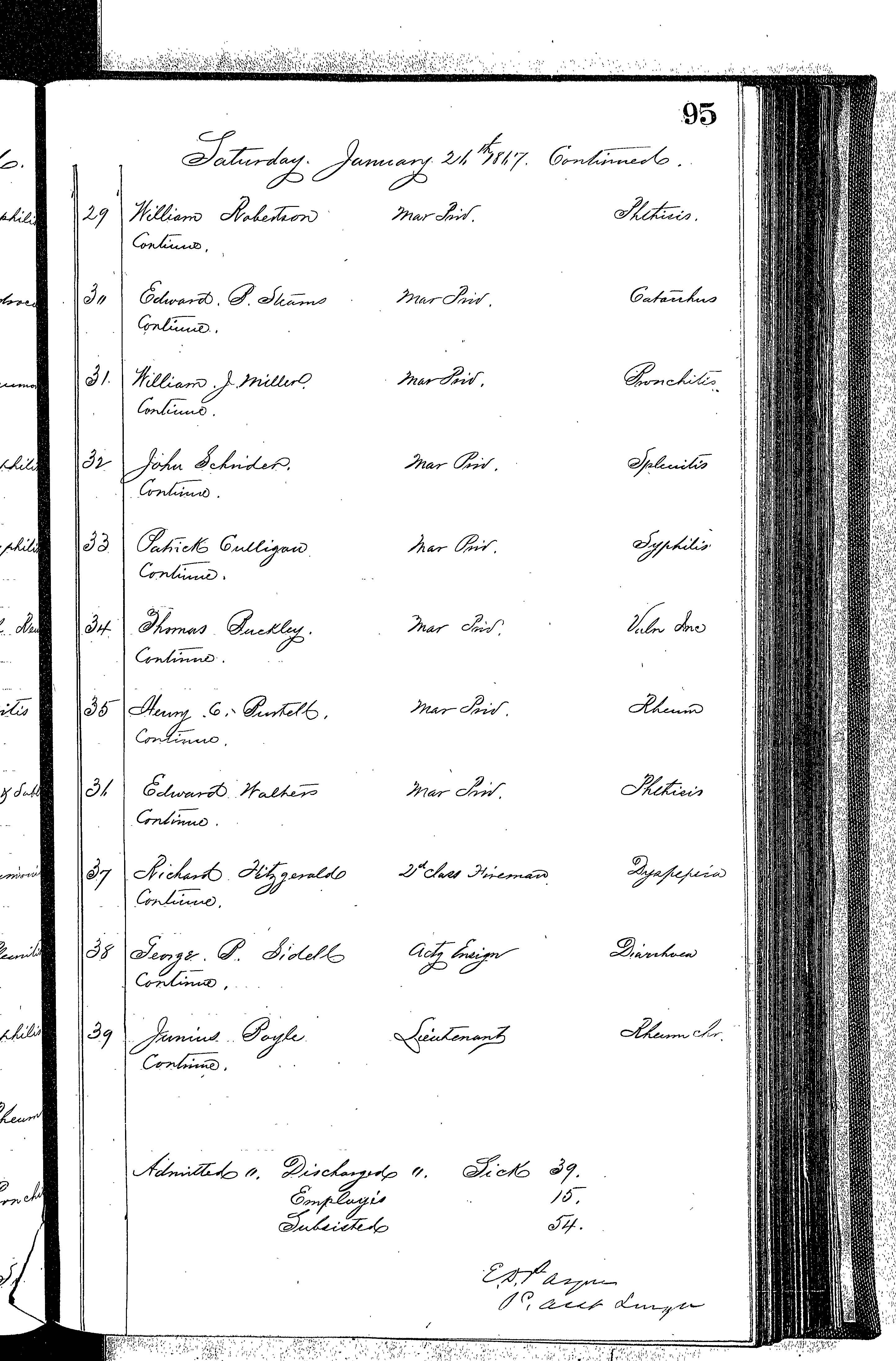 Patients in the Naval Hospital, Washington DC, on January 26, 1867 - Page 3 of 3, in the Medical Journal, October 1, 1866 to March 20, 1867