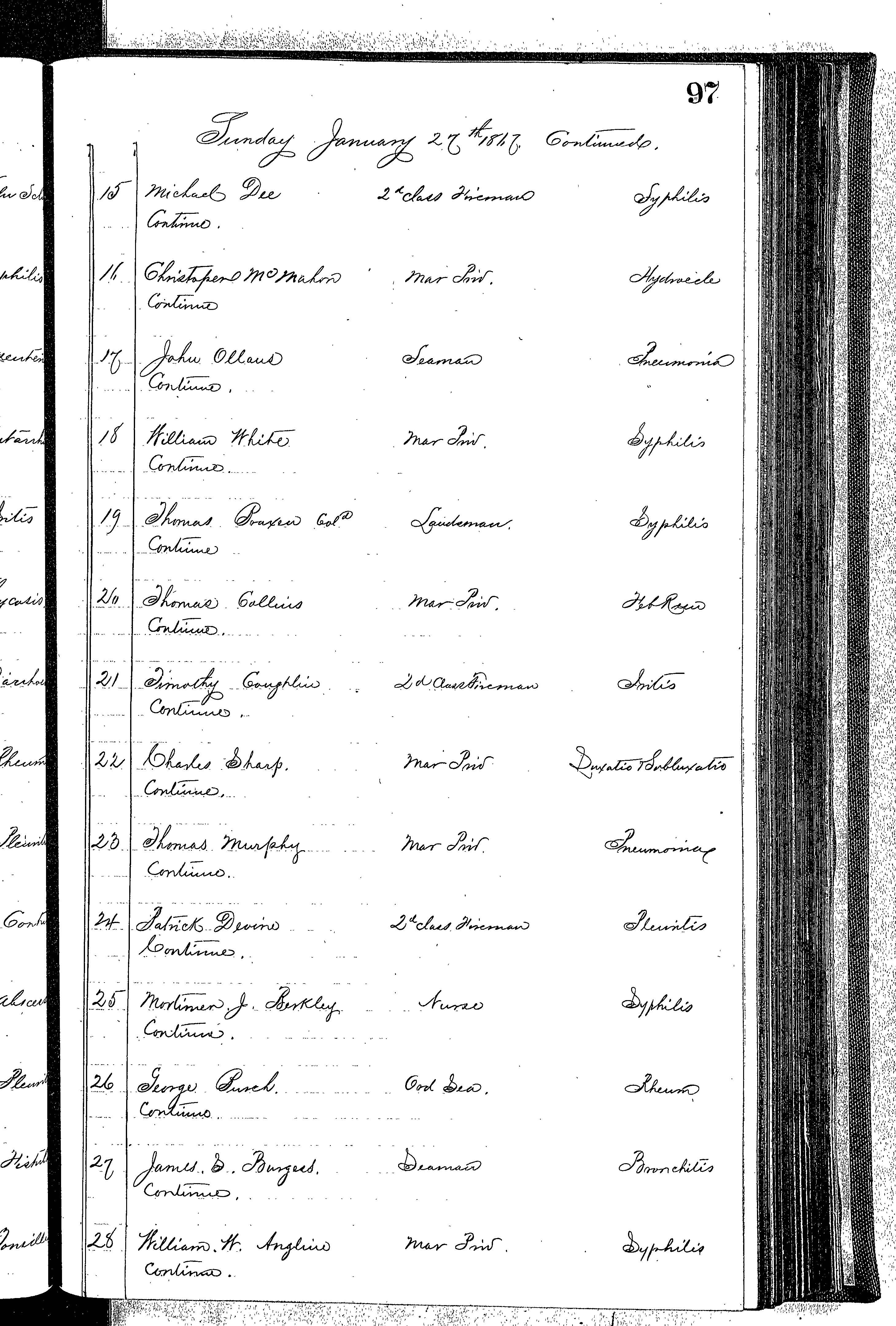 Patients in the Naval Hospital, Washington DC, on January 27, 1867 - Page 2 of 5, in the Medical Journal, October 1, 1866 to March 20, 1867