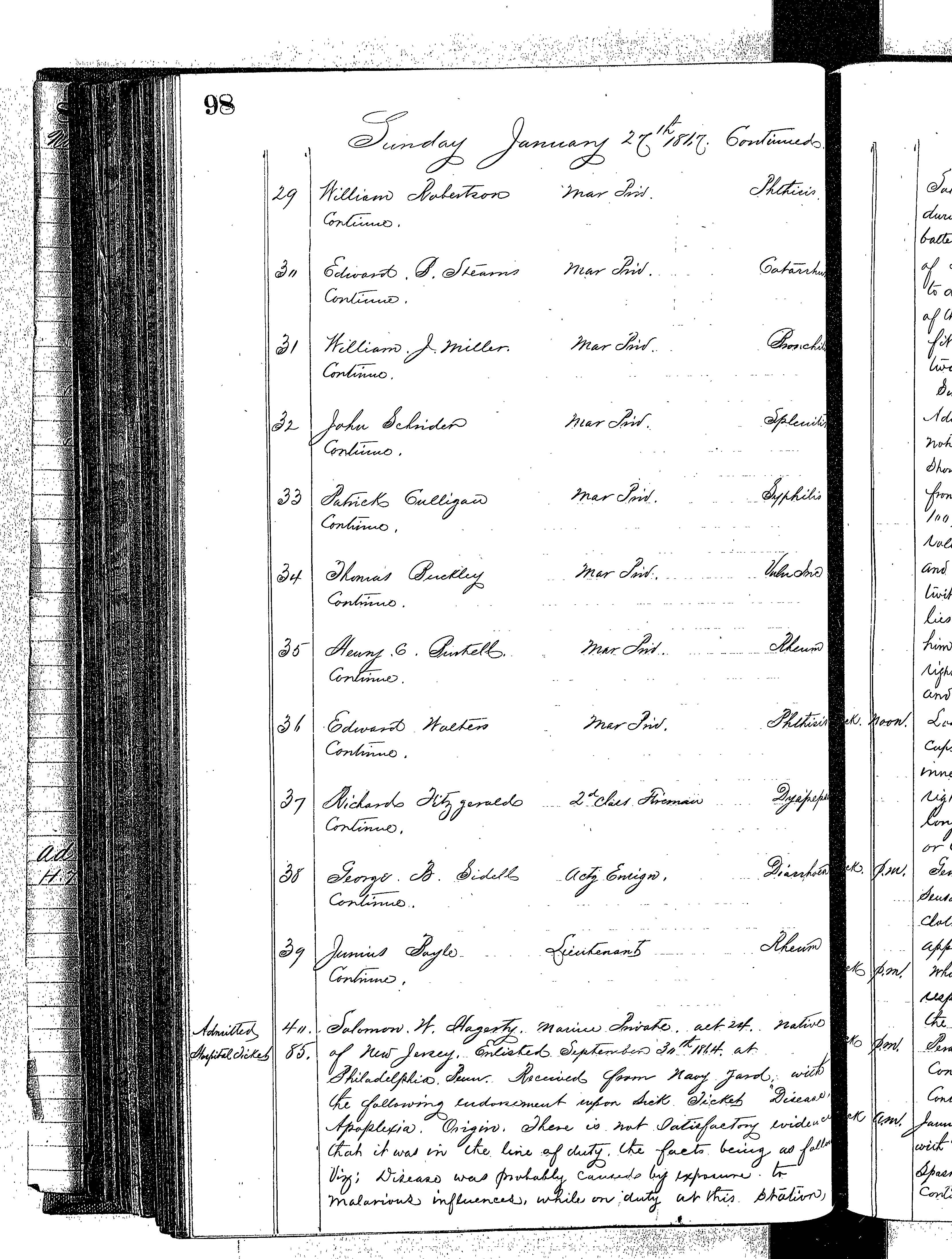 Patients in the Naval Hospital, Washington DC, on January 27, 1867 - Page 3 of 5, in the Medical Journal, October 1, 1866 to March 20, 1867