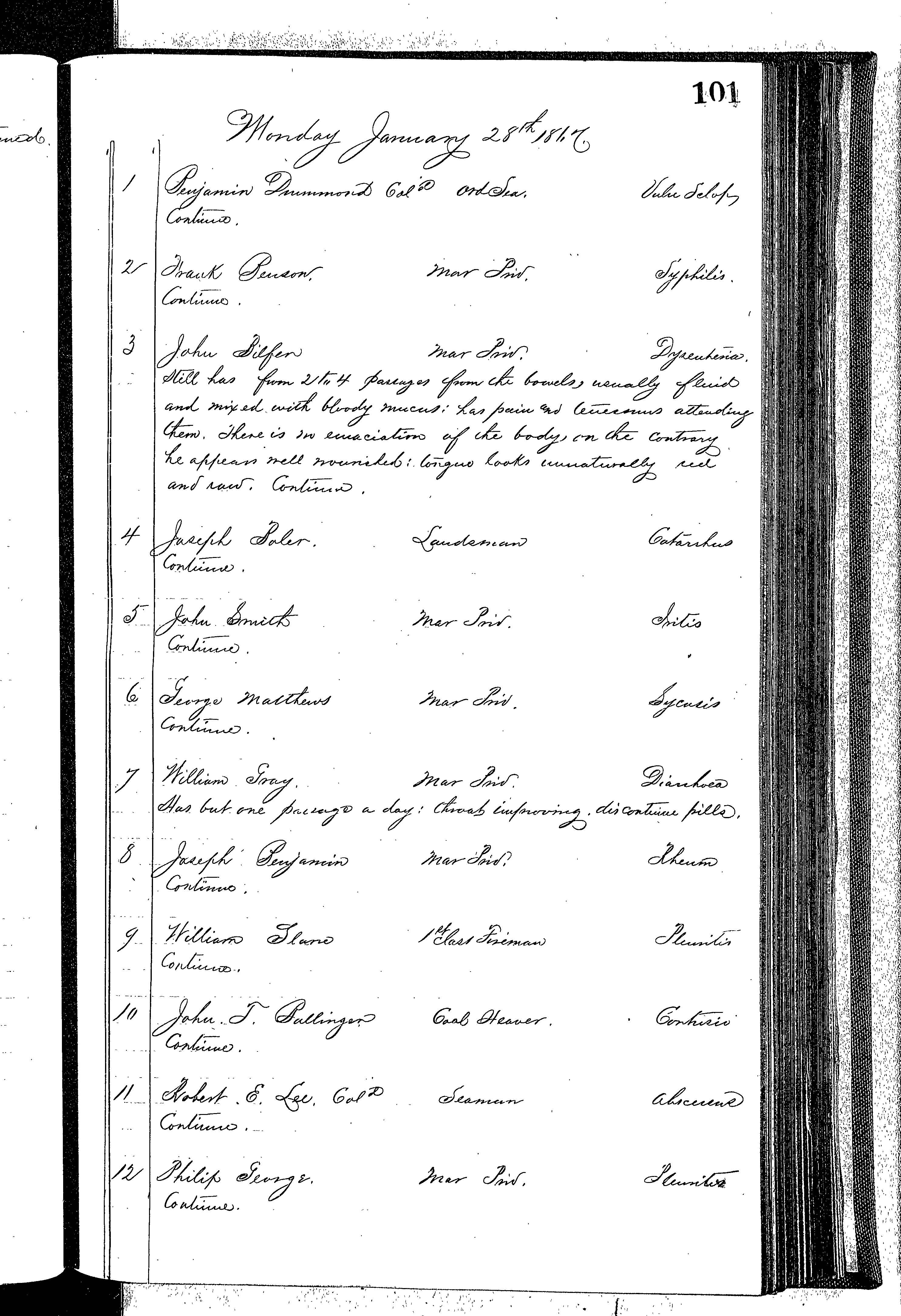 Patients in the Naval Hospital, Washington DC, on January 28, 1867 - Page 1 of 4, in the Medical Journal, October 1, 1866 to March 20, 1867